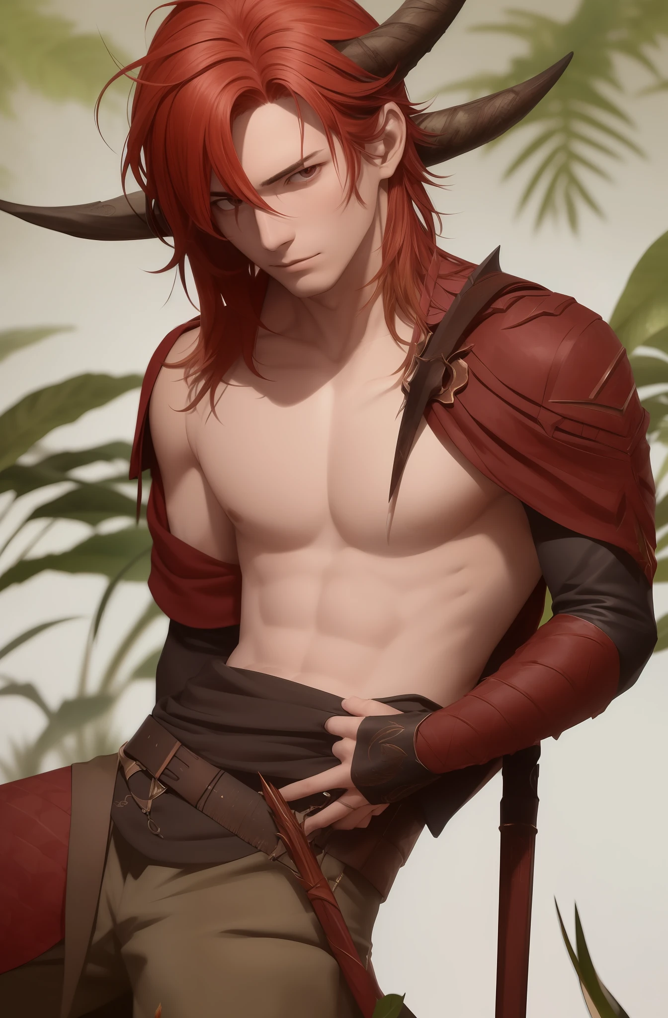 A man who surrounds his private parts with leaves,The skin turns coppery yellow in the sun,The hair was a little messy and hung down over the shoulders,Holding a spear at a 45-degree angle, gaze at the sky in the distance