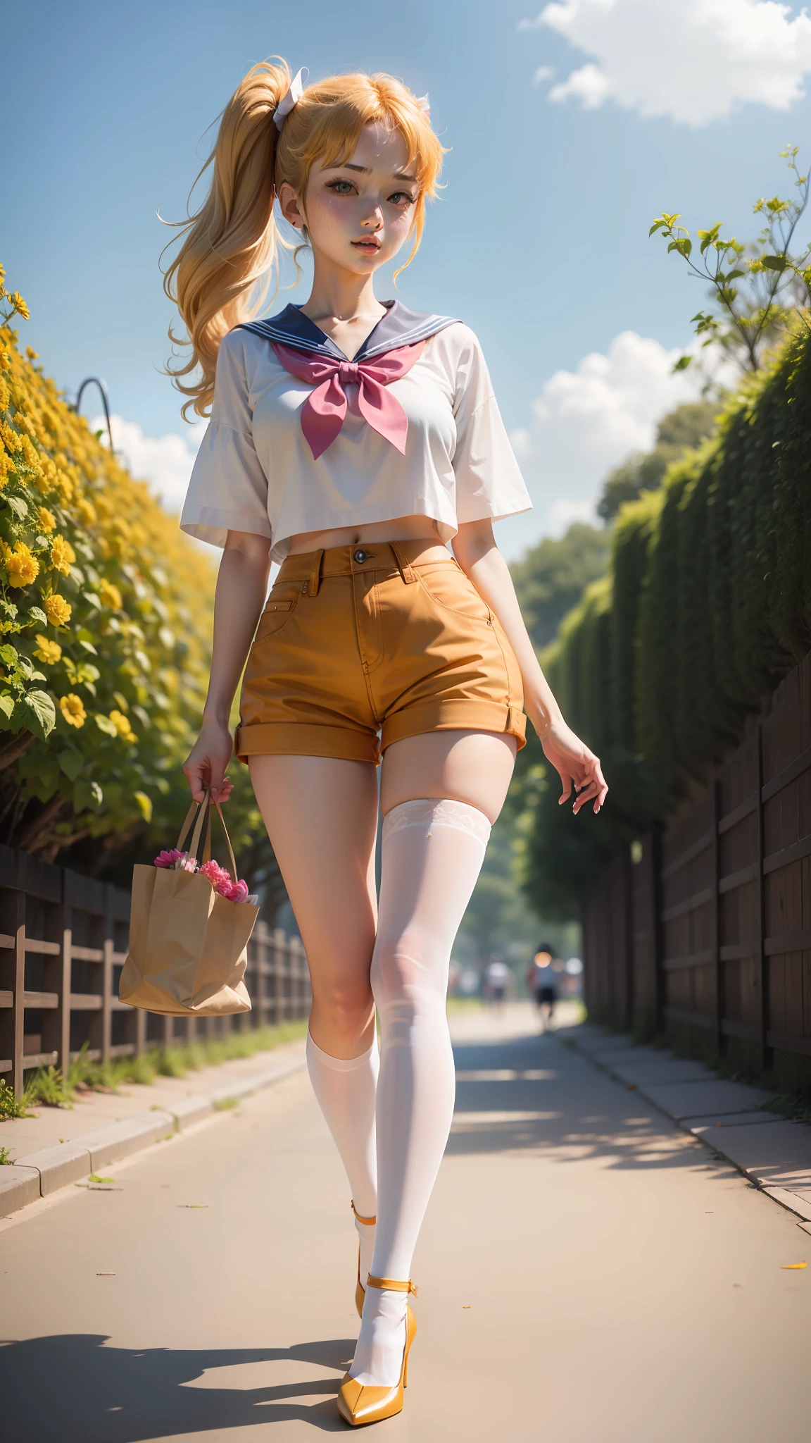 high-level image quality、Beautiful pictures、Beautie、sailorvenus、poneyTail、japanes、17 age old、Orange High Heels、kick、White shorts、Sailor Senshi、Sunnyday、Healthy、Beautiful facial features、Beige stockings