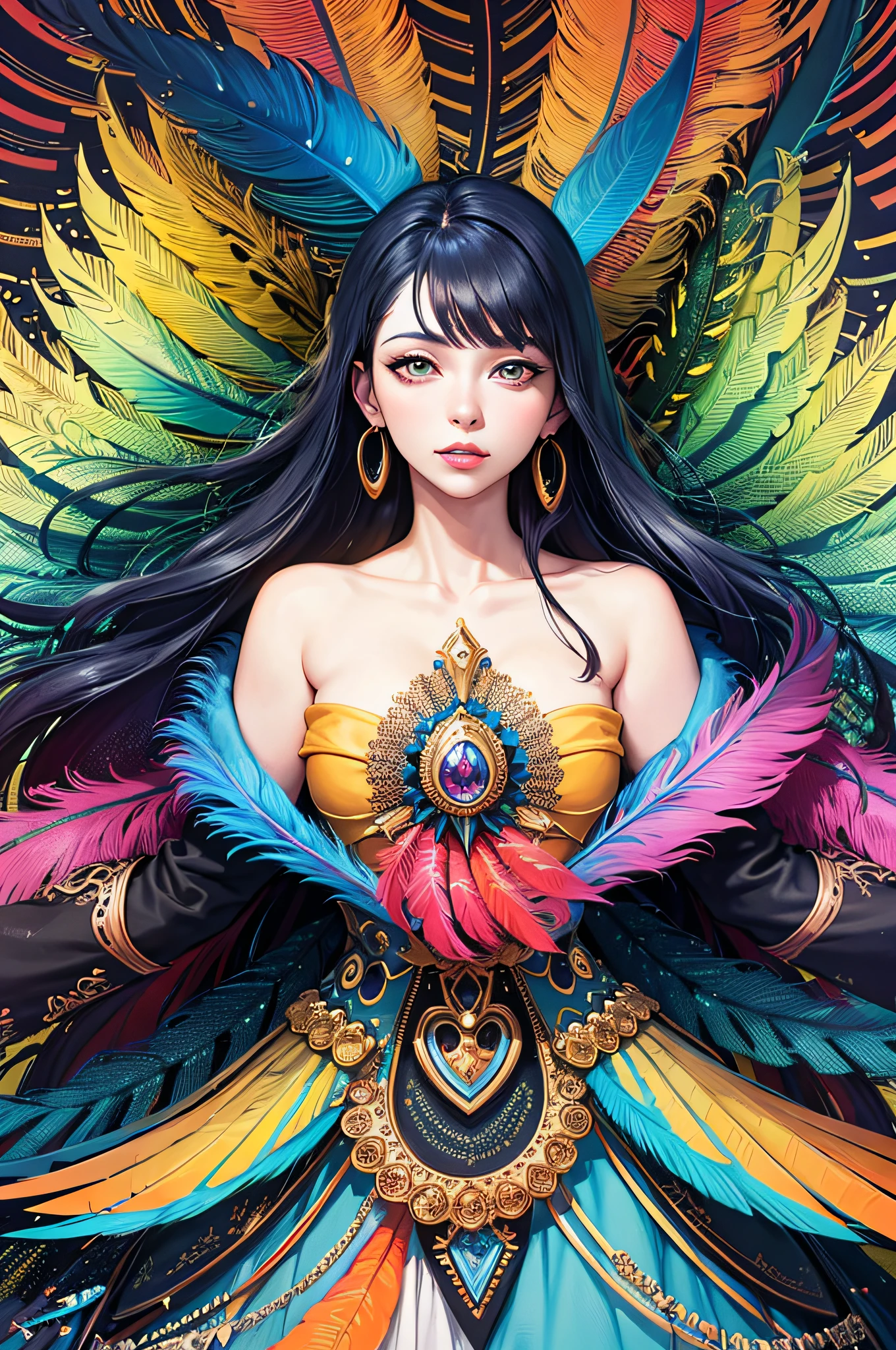(tmasterpiece,top Quority,best quailty,offcial art,Beauty and aesthetics:1.2),(1girl),Extremely detailed,(s fractal art:1.3),extremely colorful,Most detailed,abundantly detailed,(s fractal art:1.1),(a color:1.1)(blossoms:1.3),Most detailed,( zentangle:1.2), (dynamic pose), (abstract background:1.3), (shiny skin), (many colors:1.4), ,(earrings), (feathers:1.5) , (Flamethrower:1.3),red background,Phoenix skirt,