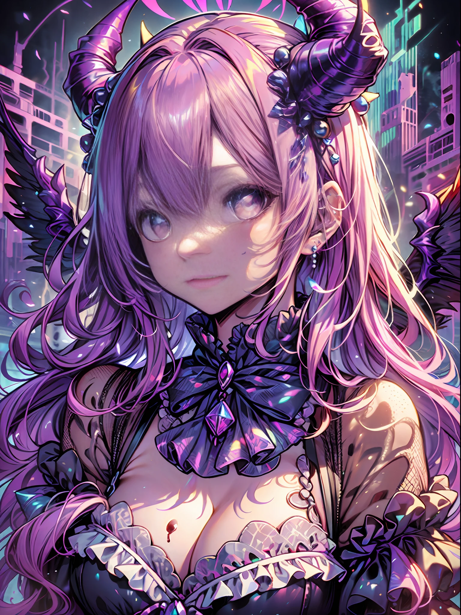 Pearls adorned with Gothic ta dresses and hair accessories, And hair dyed in bloody color, With shining pink eyes that play innocently, detailed eyes, A beautiful girl who is somehow mysterious like a Demon, Demon's horns, Demon's wings,