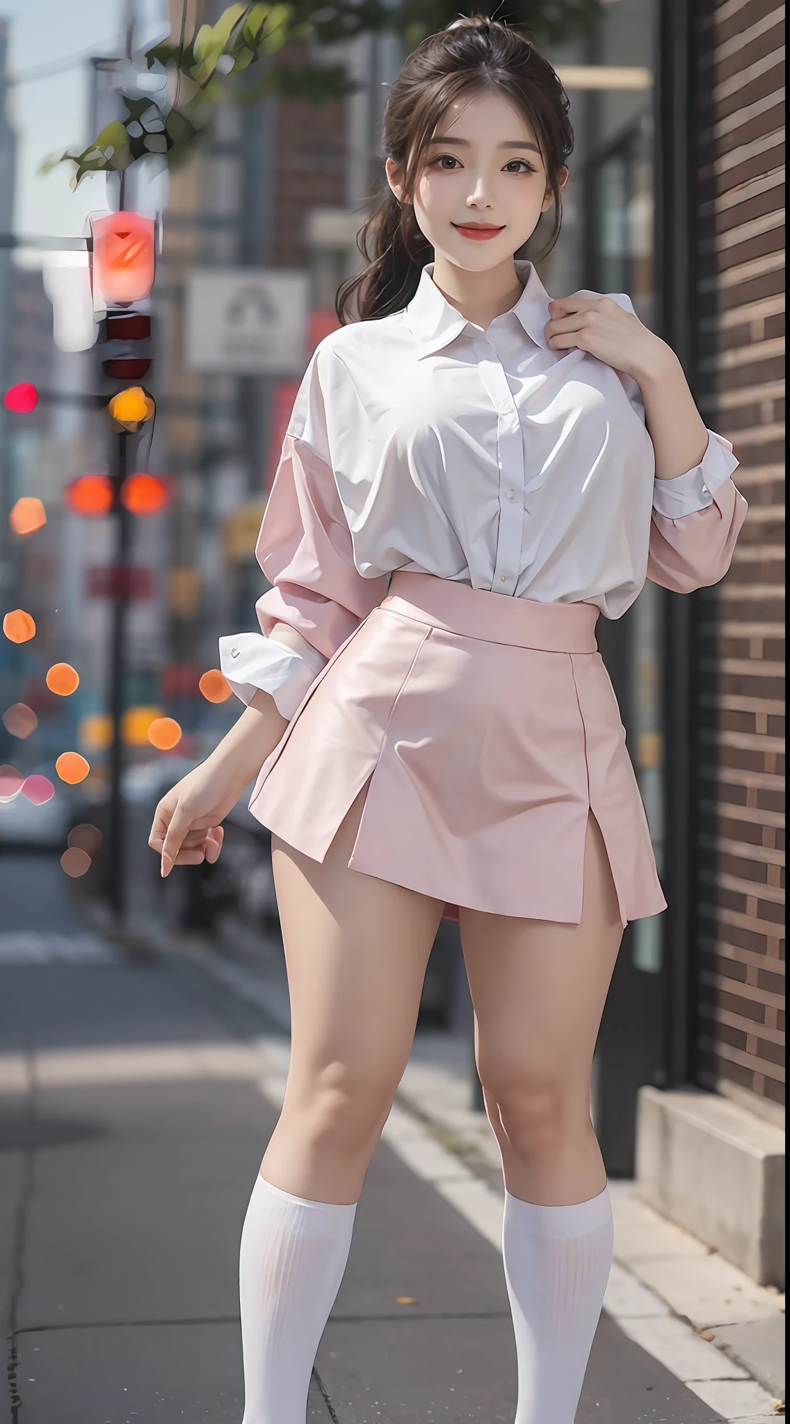 (RAW photogr:1.2), (Photorealistic:1.4), 1girl huge large breasts, 18 years old,lovly,dollface,The most beautiful goose egg face girl,Fleshy on the face,With a smile,beautiful detailed girl, very detailed eyes and faces, Beautiful detailed eyes, hugefilesize, ultra detali, A high resolution, abundantly detailed,best quailty,tmasterpiece,illustratio,abundantly detailed,CG,unified,8K wallpapers,Amazing,finely detailled,tmasterpiece,best quailty, Wallpapers,light in face,Movie lighting tops:Pink pinstripe shirt、White skirt、Sweet Bunny High Socks、Pink leather shoes(No leakage),The body is fleshy,(looking to the camera),Black ponytail,Slightly fat 0.8,Small chest A,perfect body figure,Standing position,Medium view,The background is a beautiful view of random different scenes。