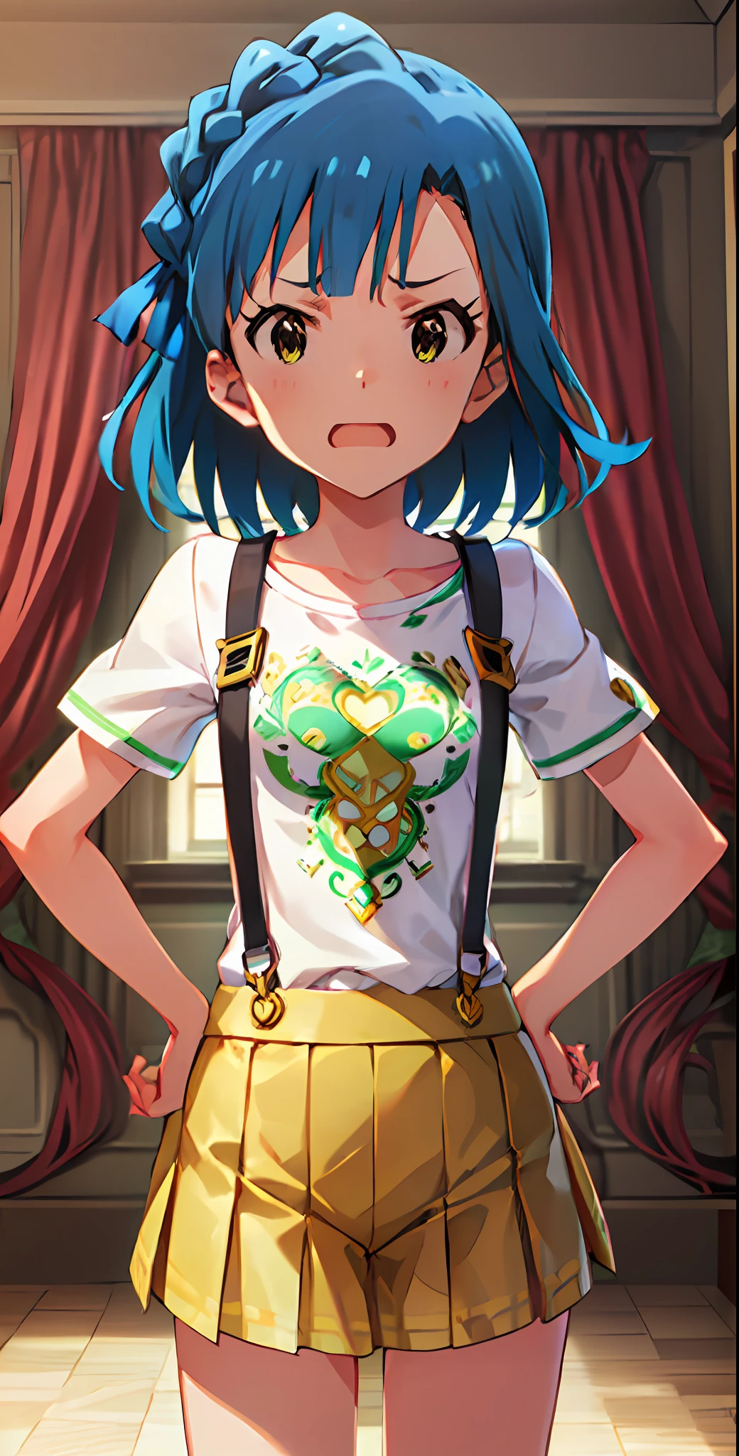 yuriko nanao (million live). Short stature. white t-shirts. suspenders.Skirt.(((masutepiece))).(((Best quality))).)((Ultra-detailed))).(((Illustration))). (((Put your hands on your hips))).(((a room))).make a fist.up chest.Despair face.short-hair.