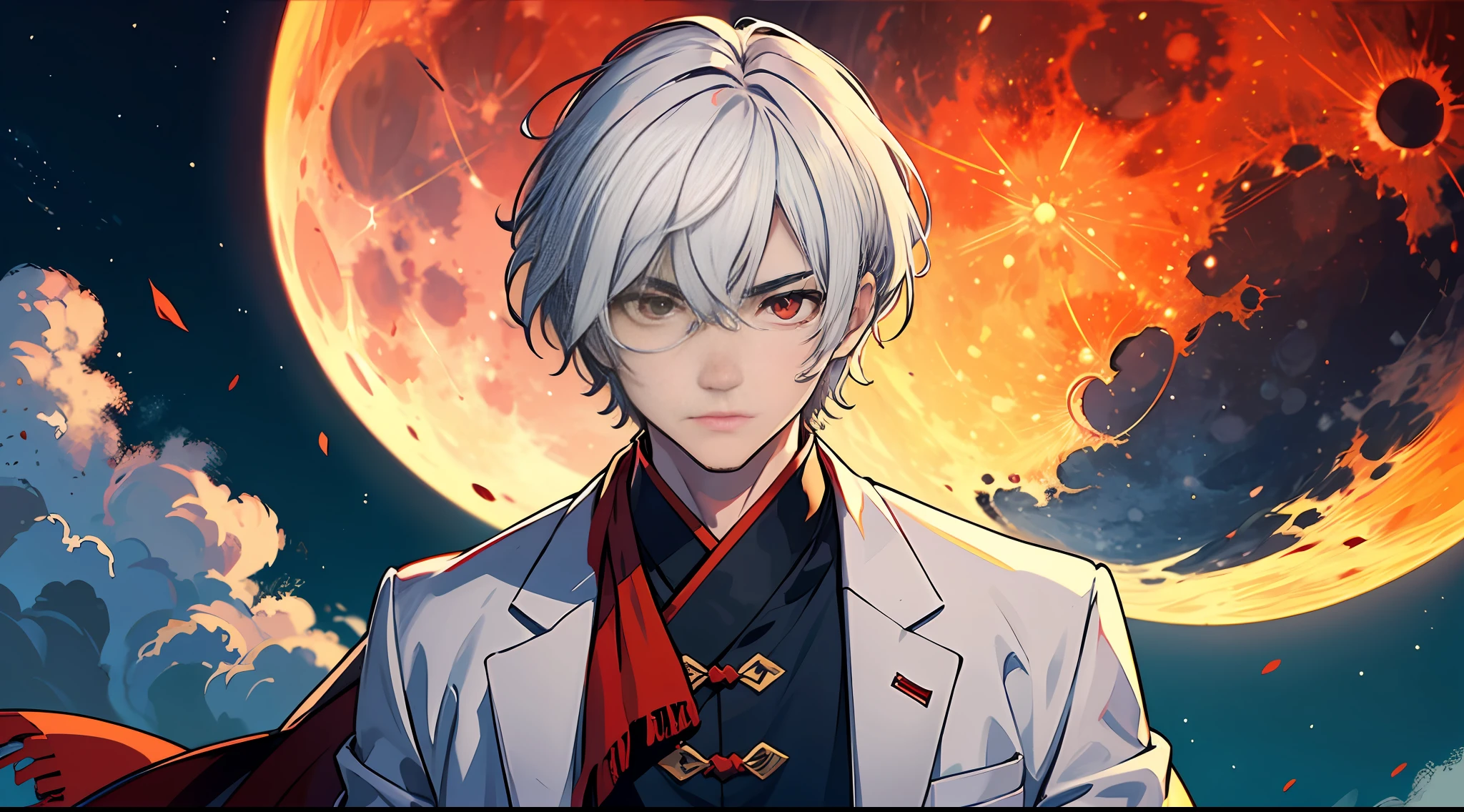 solo, looking_at_viewer, short_hair, red_eyes, 1boy, hair_between_eyes, closed_mouth, upper_body, white_hair, male_focus, sky, cloud, torn_clothes, moon, full_moon, blood_on_face, chinese_text, bishounen, red_moon --auto