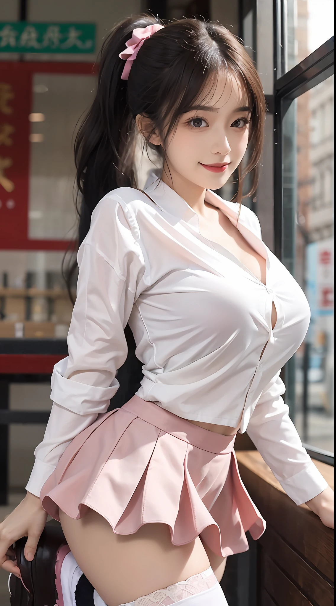 (RAW photogr:1.2), (Photorealistic:1.4), 1girl huge large breasts, 18 years old,lovly,dollface,The most beautiful goose egg face girl,Fleshy on the face,With a smile,beautiful detailed girl, very detailed eyes and faces, Beautiful detailed eyes, hugefilesize, ultra detali, A high resolution, abundantly detailed,best quailty,tmasterpiece,illustratio,abundantly detailed,CG,unified,8K wallpapers,Amazing,finely detailled,tmasterpiece,best quailty, Wallpapers,light in face,Movie lighting tops:Pink pinstripe shirt、White skirt、Sweet Bunny High Socks、Pink leather shoes(No leakage),The body is fleshy,(looking to the camera),Black ponytail,Slightly fat 0.8,Small chest A,perfect body figure,Standing position,Medium view,The background is a beautiful view of random different scenes。