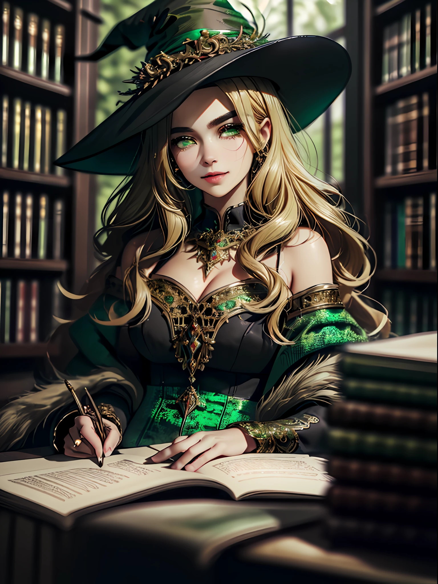 (masterpiece, photo-realistic:1.4), (medieval fantasy environment:1.2), (blonde sorceress:1.3), (light green eyes:1.3), (thick black eyebrows:1.4), (flowing full-body dress:1.3), (witch hat:1.2), (seated at a library table:1.2), (engrossed in reading about magic:1.2), (natural ambient lighting:1.2), (perfect and slender physique:1.1), (captivating smile:1.2), (ornate and detailed library setting:1.2), (magical artifacts and books:1.1), (subtle rays of sunlight:1.3), (expression of serene delight:1.1), (impeccable attention to costume details:1.2), (spellbinding atmosphere:1.2), (masterful portrayal of emotions and ambiance:1.2), (photo framed in a portrait frame:1.1)