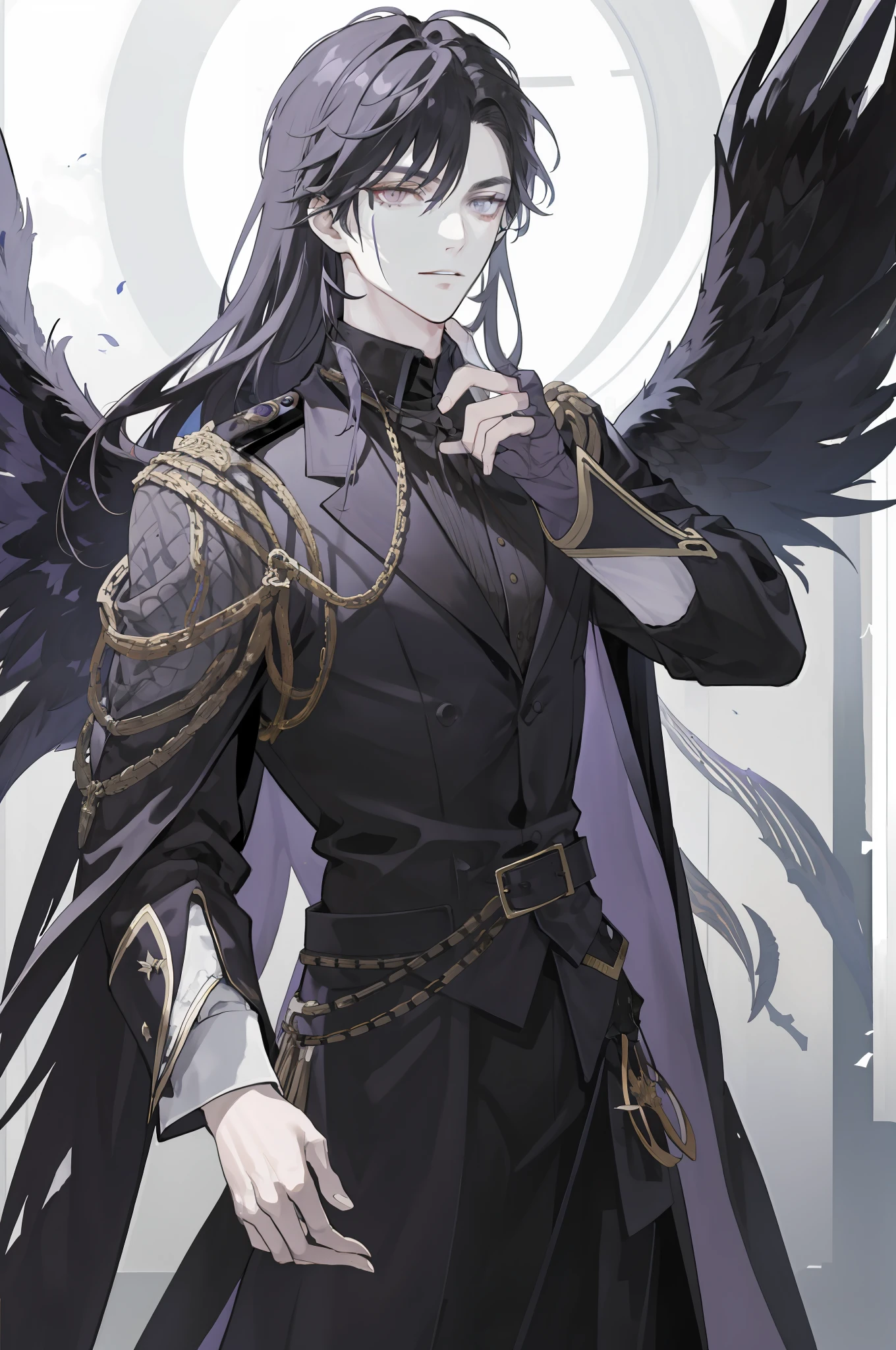 tmasterpiece,best quailty,1 male,AS-Adult,the fallen angel,Fallen angels,(gray colors)Long hair,Purple eye,Noble temperament,Behind him is a pair of black angel wings,Dressed in Western clothing,General,Artistically,In the dark,Handsome facial features,frontage,Straight body,orthofacial