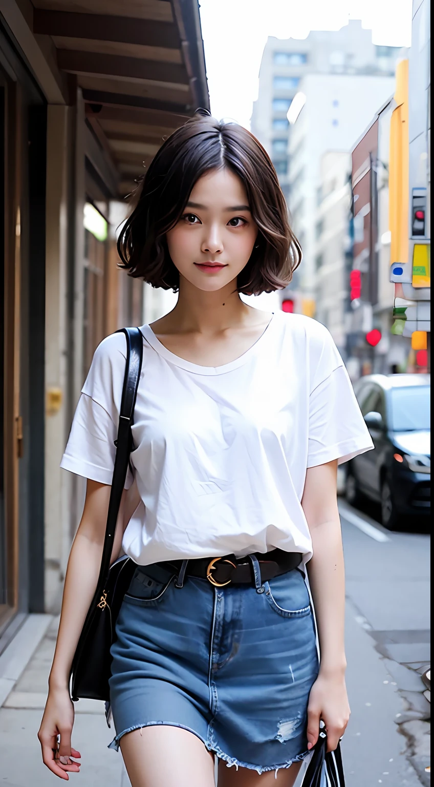 Masterpiece, best picture quality, beautiful girl, 20 years old, dark hair, short hair, high school girl, short jean skirt, plain white t-shirt, from waist up, sunny street background, detailed eyes, big eyes, swollen eyes, depressed eyes, smile, realistic photo, real photo, double eyelids, Japanese girl, Asian Beautiful girl, looking straight ahead, close-up, mature, sexy, D cup, bright professional proof, fashionable, slender, beautiful skin, beautiful legs, carrying a large backpack,