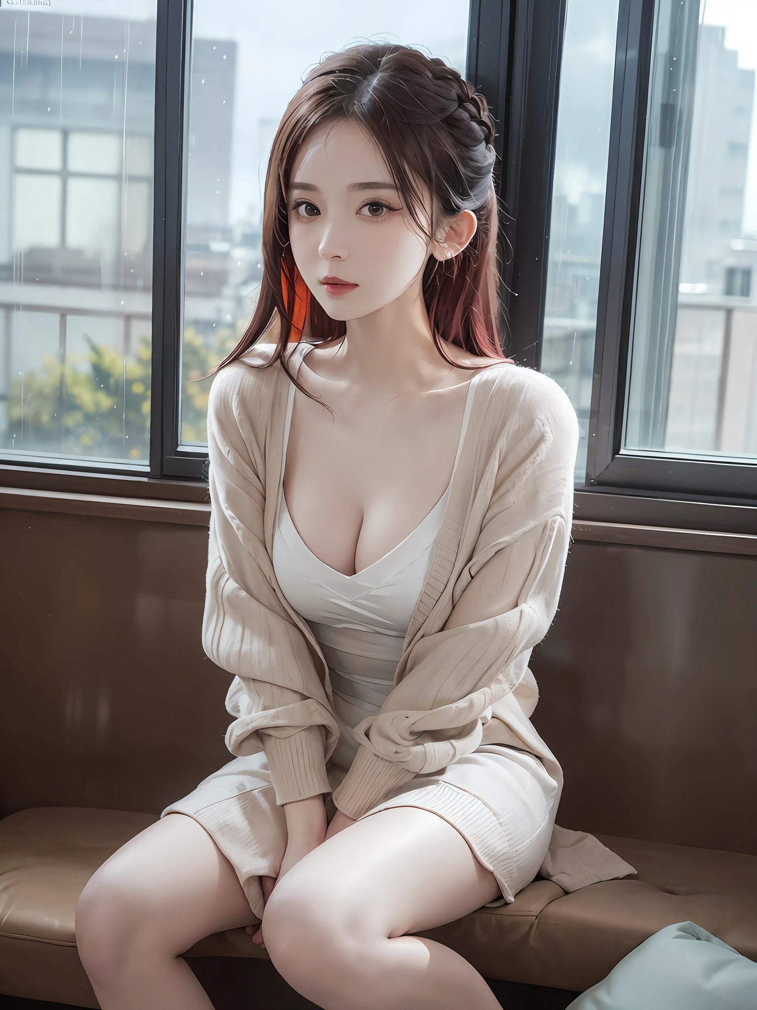 Portrait photos,RAW photos,natta,sun setting,Rained,Hyper-realistic,Low neckline,Cleavage,(1 Girl,Innocent face,Wear an elegant and chic patterned dress,Wear a light cardigan,Stylish sneakers),blone hair,red streaked hair,Colorful hair,pillow head,shiny skins,On a rainy afternoon,With a rustic theme and warm atmosphere,Sit near the window,Gaze at the window,Raindrops outside the window,Watch to leave,Look outside,Soft jazz music fills the air,Creates a soothing atmosphere,abundantly detailed,very best quality,abundantly detailed,abundantly detailed,Shoot from a mobile camera,f / 22,depth of fields,filmgrain,Detailed complex iris, Detailed, Detailed face, (highdetailskin:1.2),