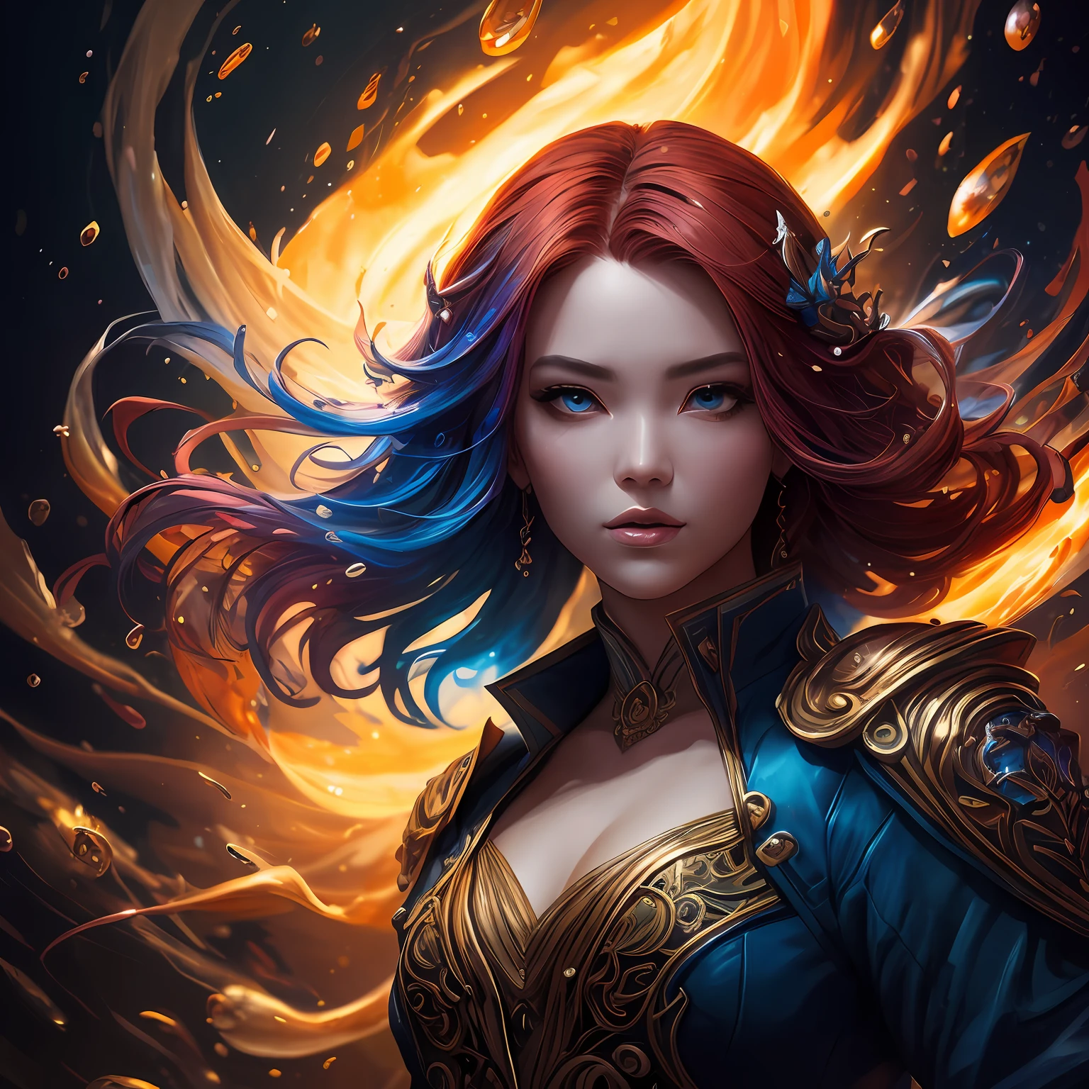 Maximaliset Rococo. Astral Escape! Splash art, portrait of Vietnamese, red indigo haired Vietnamese, StarCraft Inspired, epic, artstation, splash style of colorful paint, contour, hyperdetailed intricately detailed, fantasy, unreal engine, fantastical, intricate detail, splash screen, complementary colors, fantasy concept art, 16k resolution, deviantart masterpiece, oil painting, heavy strokes, paint dripping, splash arts, neon ambiance, muted colors, watercolor style, filigree detailed, rim lighting, magic, surreal, fantasy, ultra, realistic, sharp features, highly detailed, sharp focus, muted colors, perfect face, perfect eyes, perfect full lips, supple female form, vivid, cinematic, Film light, Hyper detailed, Hyper realistic, masterpiece, atmospheric, high resolution, vibrant, dynamic studio lighting, wlop, Glenn Brown, Carne Griffiths, Alex Ross, artgerm and james jean. spotlight, tilt shift camera. --auto