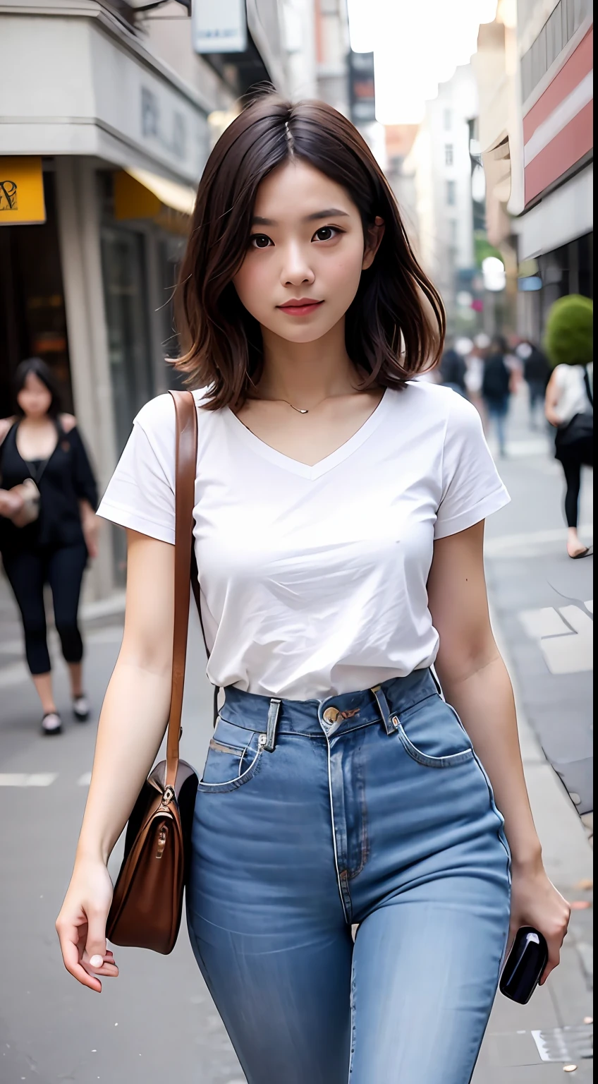 Masterpiece, best picture quality, beautiful girl, 20 years old, dark hair, short hair, high school girl, short jean skirt, plain white t-shirt, from waist up, sunny street background, detailed eyes, big eyes, swollen eyes, depressed eyes, smile, realistic photo, real photo, double eyelids, Japanese girl, Asian Beautiful girl, looking straight ahead, close-up, mature, sexy, D cup, bright professional proof, fashionable, slender, beautiful skin, beautiful legs, carrying a large backpack,