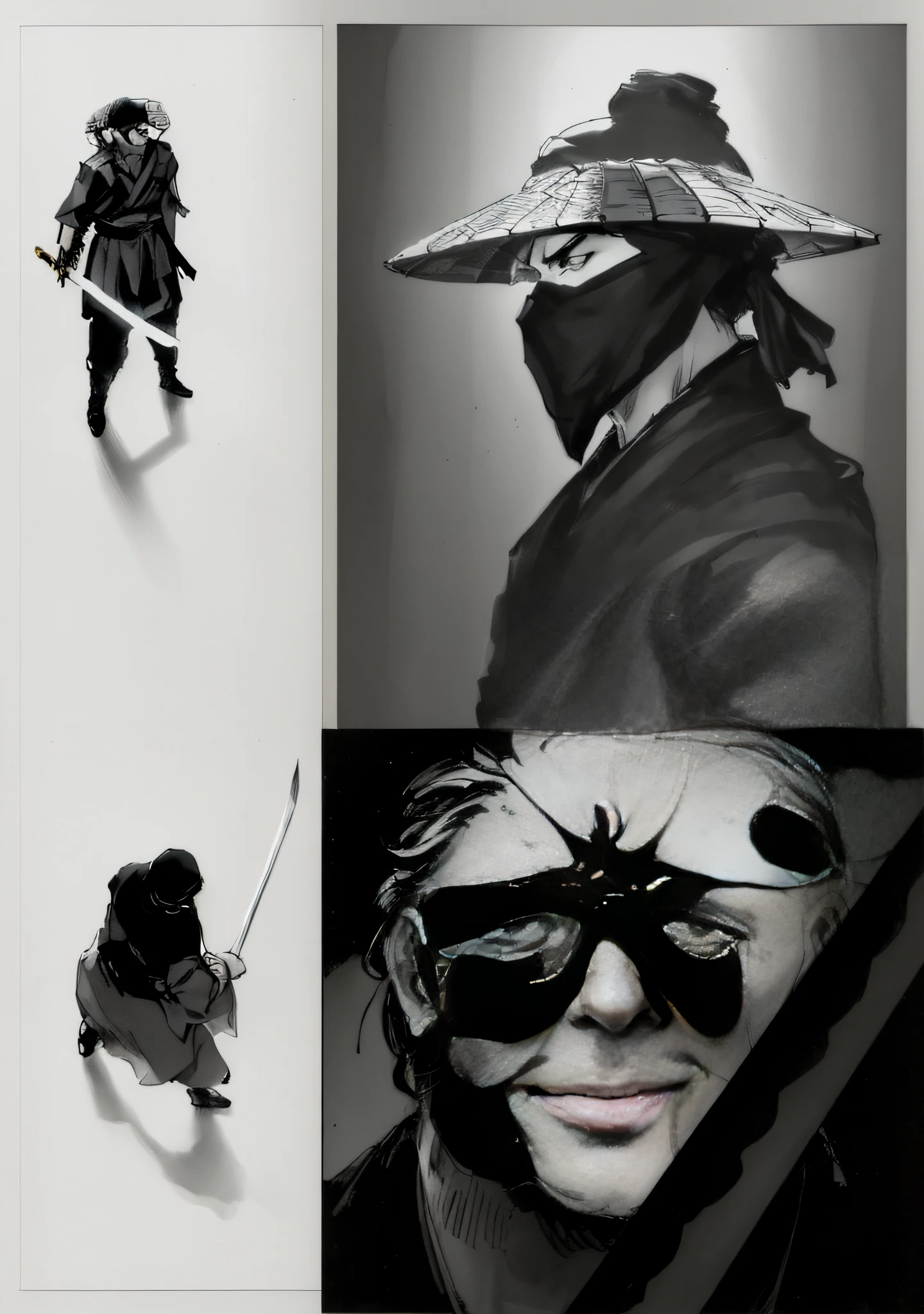 a black and white photo of a man with a sword and a mask, inspired by Kanō Hōgai, comic shading, comic concept art, inspired by Kawabata Ryūshi, detailed with shadows, comic page, comics illustration, inspired by Kanō Sanraku, screentone shading, shading study
