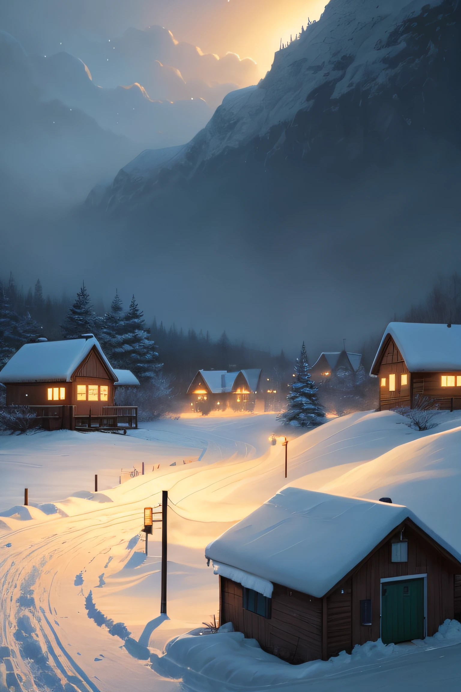 snowy night scene with a cabin and a fence in the foreground, Arte conceitual de inverno, background artwork, Anime background art, beautiful anime scenes, Anime landscape concept art, arte de fundo, heavy winter aesthetics, snowy environment, anime backgrounds, animation illustrative style, Stylized digital illustration, beautiful detailed scene, landscape artwork, 2d game environment design,（There was light snow in the sky）