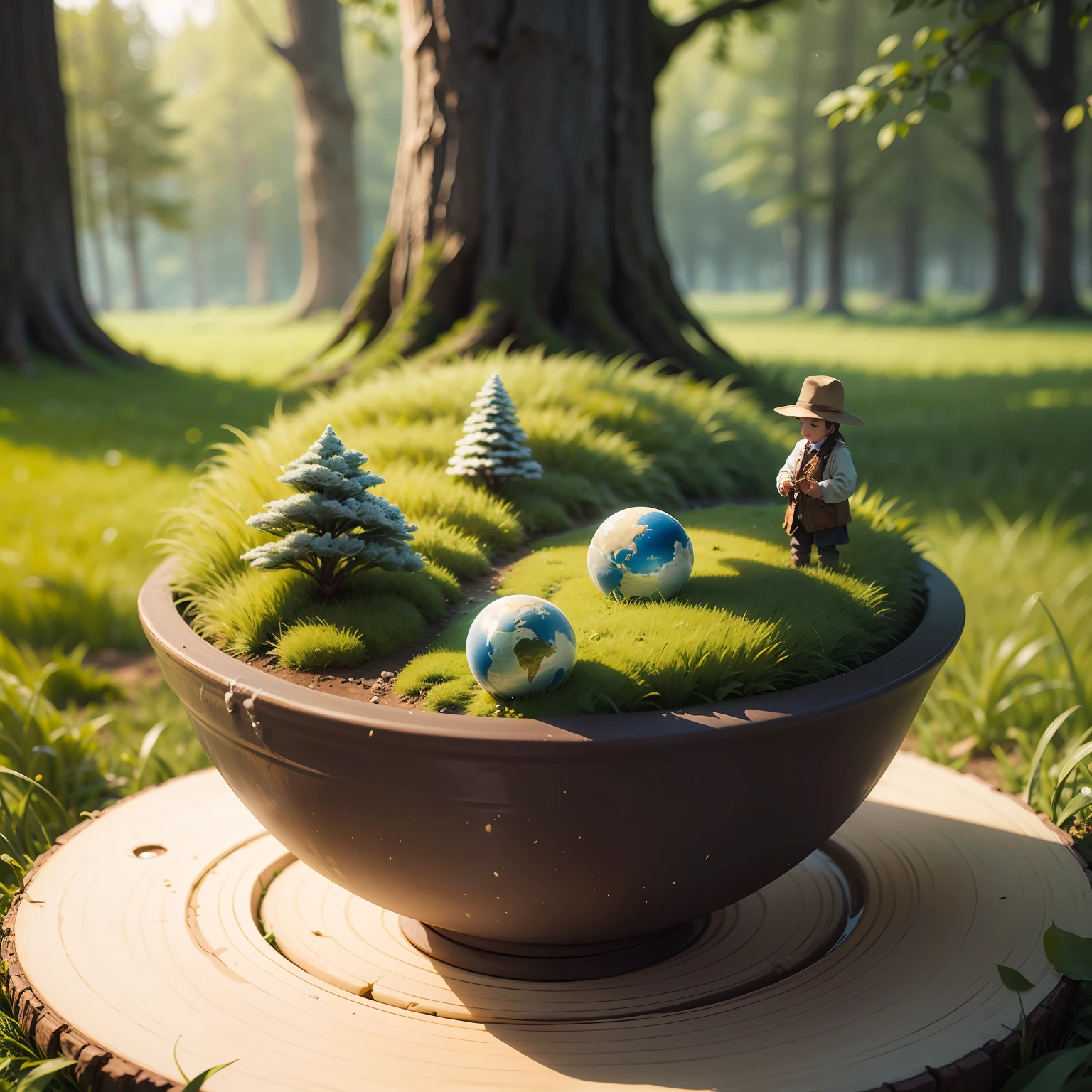 （（The world in the bowl）），（Miniatures），There are trees in the bowl，grass field，The path is in the bowl，（（child）），tmasterpiece，The ultra -The high-definition，detailed detail，film effect，horryfing