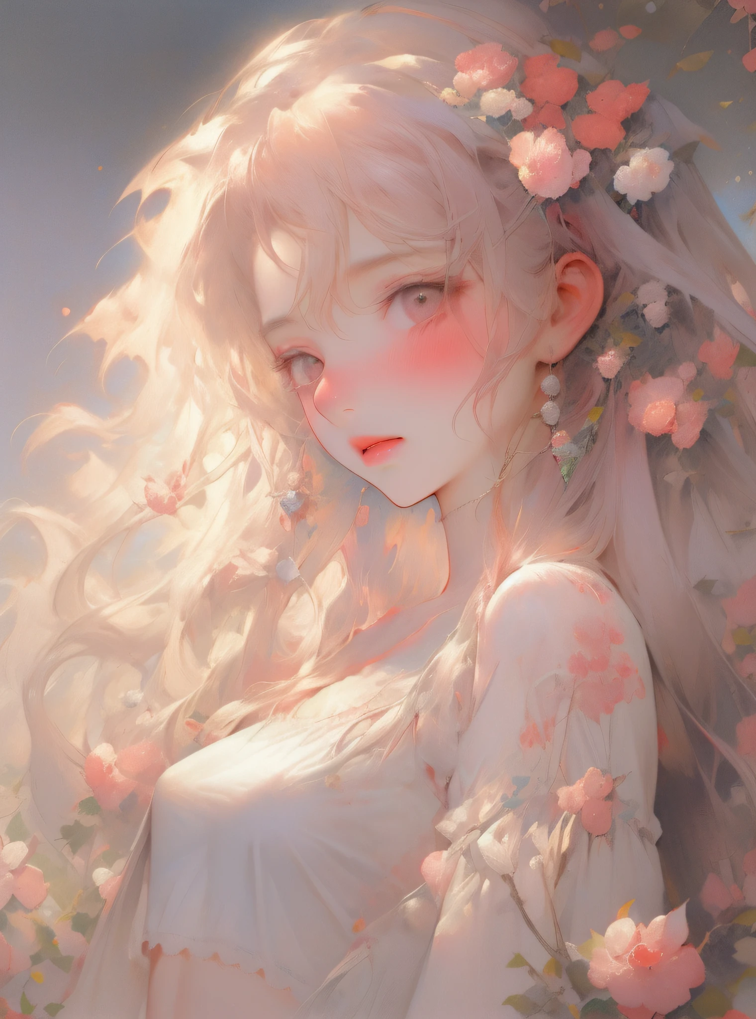 1 Girl facing straight ahead,Perspective: Flat front view,nijistyle,pink hair,(ssmile:0.78),smallunderboob,Chest flat,Lovely Niji style,Best picture quality,Top masterpiece,hight clarity,8k wall paper,flatchest,There are more than a few light pink begonia flowers hanging on the head,Weeping begonia,Begonia in Xifu,smallunderboob,white backgrounid,The protagonist occupies the proportion of the picture: 0.3