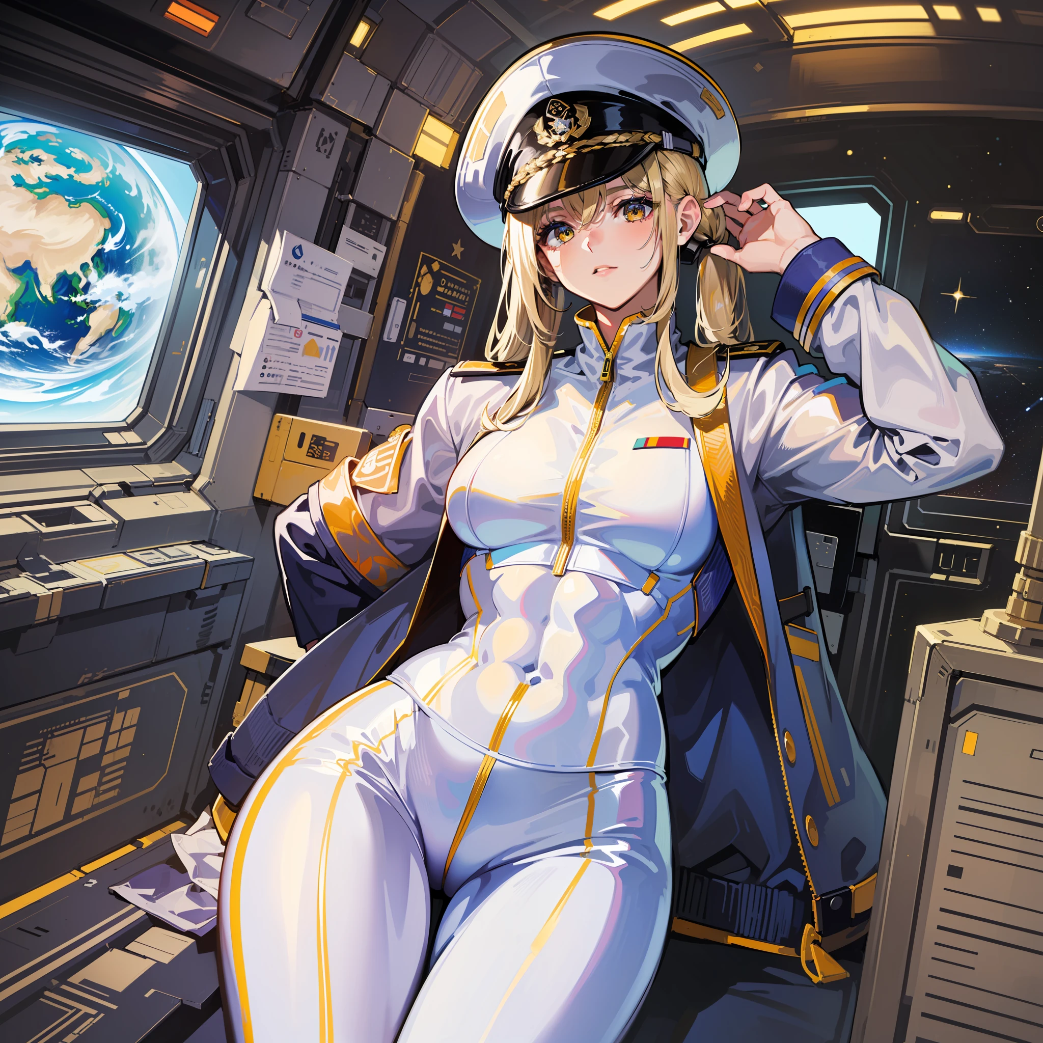((Masterpiece)), ((Highest Image Quality)), (((Best Quality)), (Illustration of One Girl), Full Body, 25 Years Old, (Neutral)), ((Blonde Twin Tails)), Light Golden Eyes, (Tall)), (Muscular Strong Body)), ((Muscular and Thick Body)), ((Muscular and Thick Arms)), ((Muscular and Thick Legs)), (Manspreading)), Open Legs, (((Army Uniform)), (Army Hat)), (((Army Coat)), (white clothes), (white pants), (white hat), trench coat, ((inside the spaceship, sitting in the captain's seat)), (outside the window, space, Earth seen from space, spaceport)