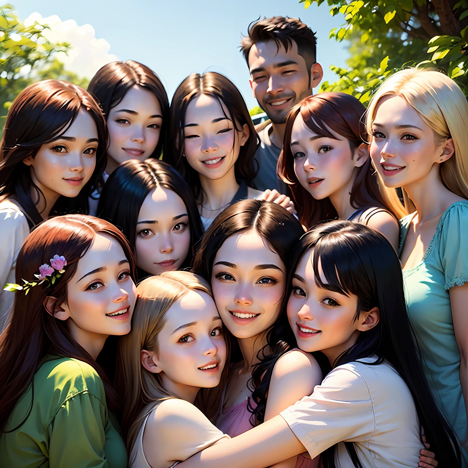 ((Best quality, masterpiece)), group photo with eleven people. lifelong friends, warmly embracing, smiling ear-to-ear, surrounded by lush greenery and a crisp blue sky, basking in the sunshine of a perfect day.