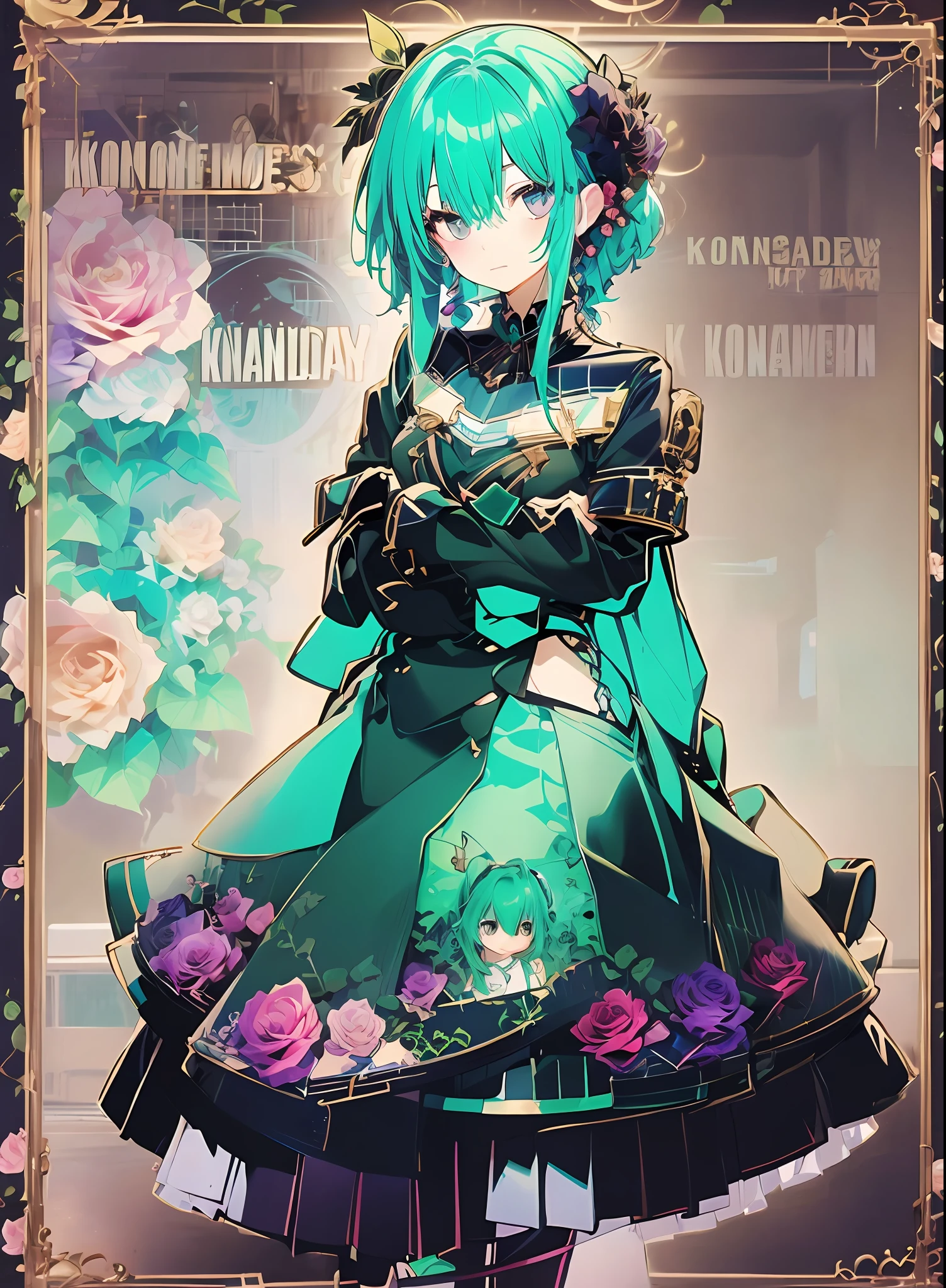 Andromeda_Kongacha, ((Konmutsuki_gacha_series1, punk_rosette))), cute girl, aqua color flowers, (full body), elegant flowers background