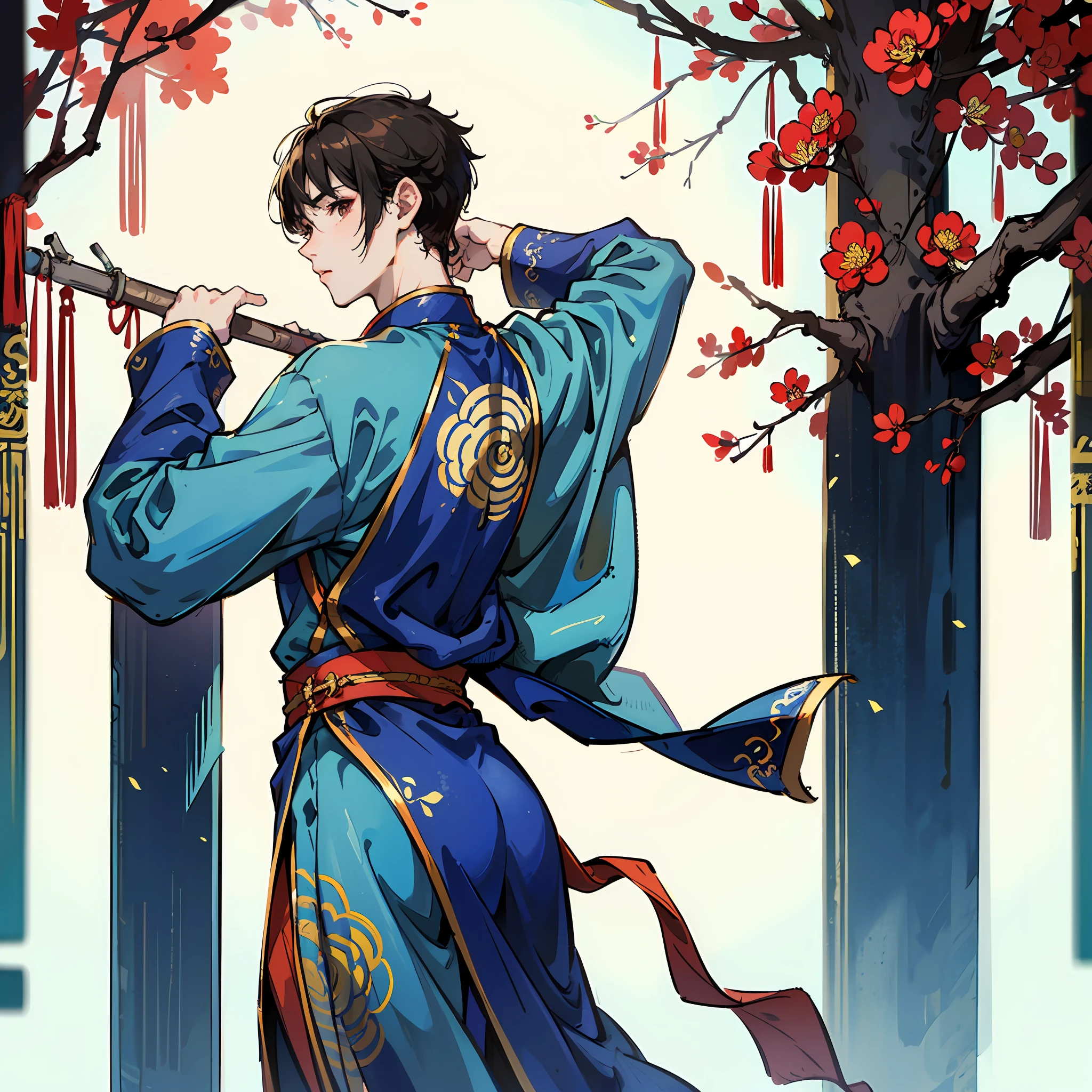 (Best Quality), (Masterpiece), (High Resolution), (Diagonal Composition), (Background Bokeh), (Backlight), (Chinese Style), a young guy man with slender build wearing a blue normal cloth (chinese ancient costume), long hair but pin