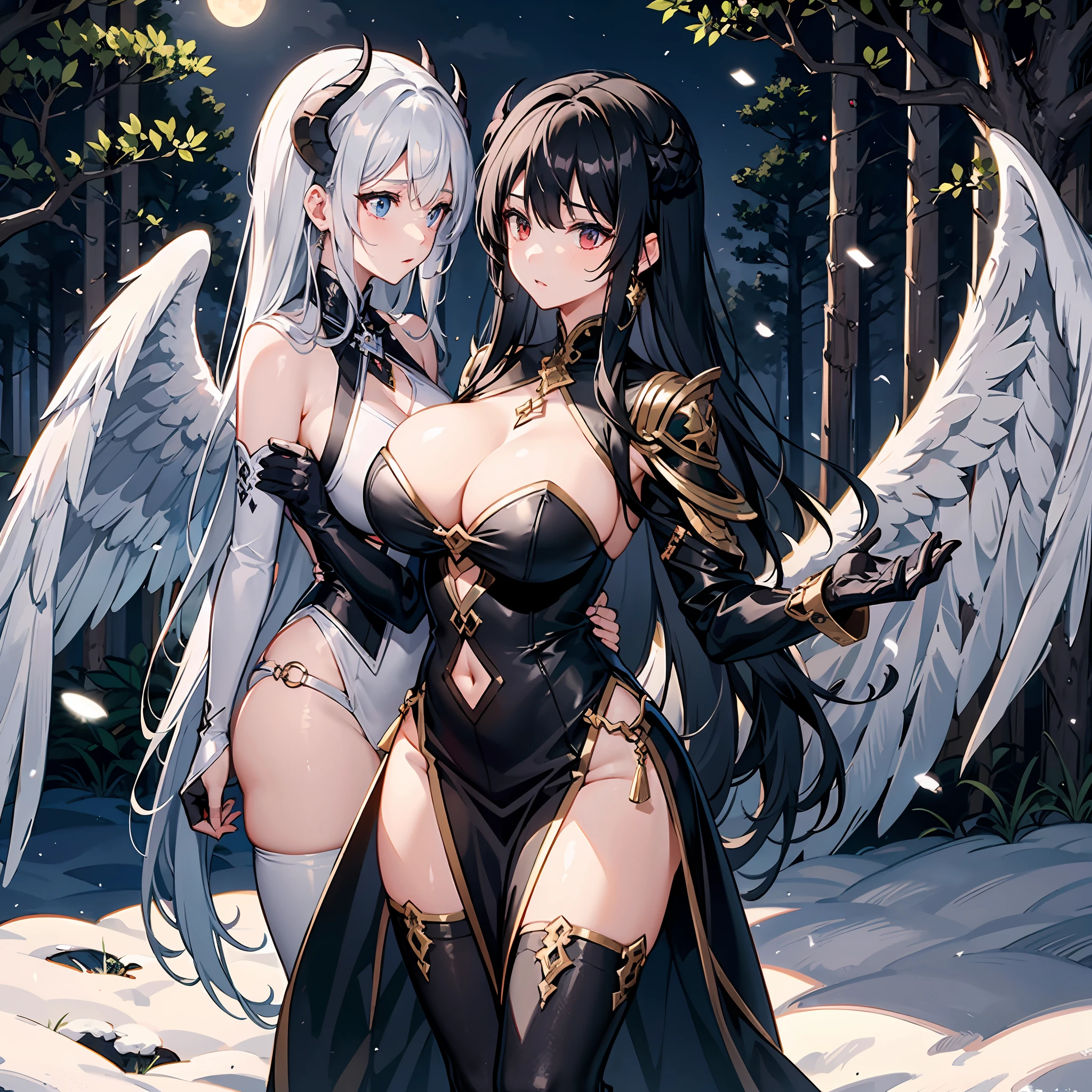 ,巨作, Best quality,8K, Super-High Resolution,In the forest at night,Moonlight pours down like water。In this mysterious forest,Trees soar into the clouds,Fluorescent mushrooms emit a psychedelic glow underground。An angel with snow-white wings slowly landed on a huge ancient tree。Beside her,A dark demon stood,It is covered in black armor,The whole body exudes an evil aura。In the confrontation between angels and demons,The creatures of the forest hold their breath,Looking forward to the victor。