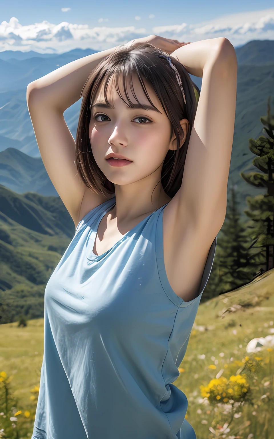 Highly detailed CG Unity 8k wallpaper, of the highest quality, super detailed, masutepiece, Realistic, photographrealistic, extremely detailed cute girl, 25 years old, Round eyes, viewer, blush, Parted lips, Upper body , (Armpit) , casual blouse , Mountain view ,Fuji mountain