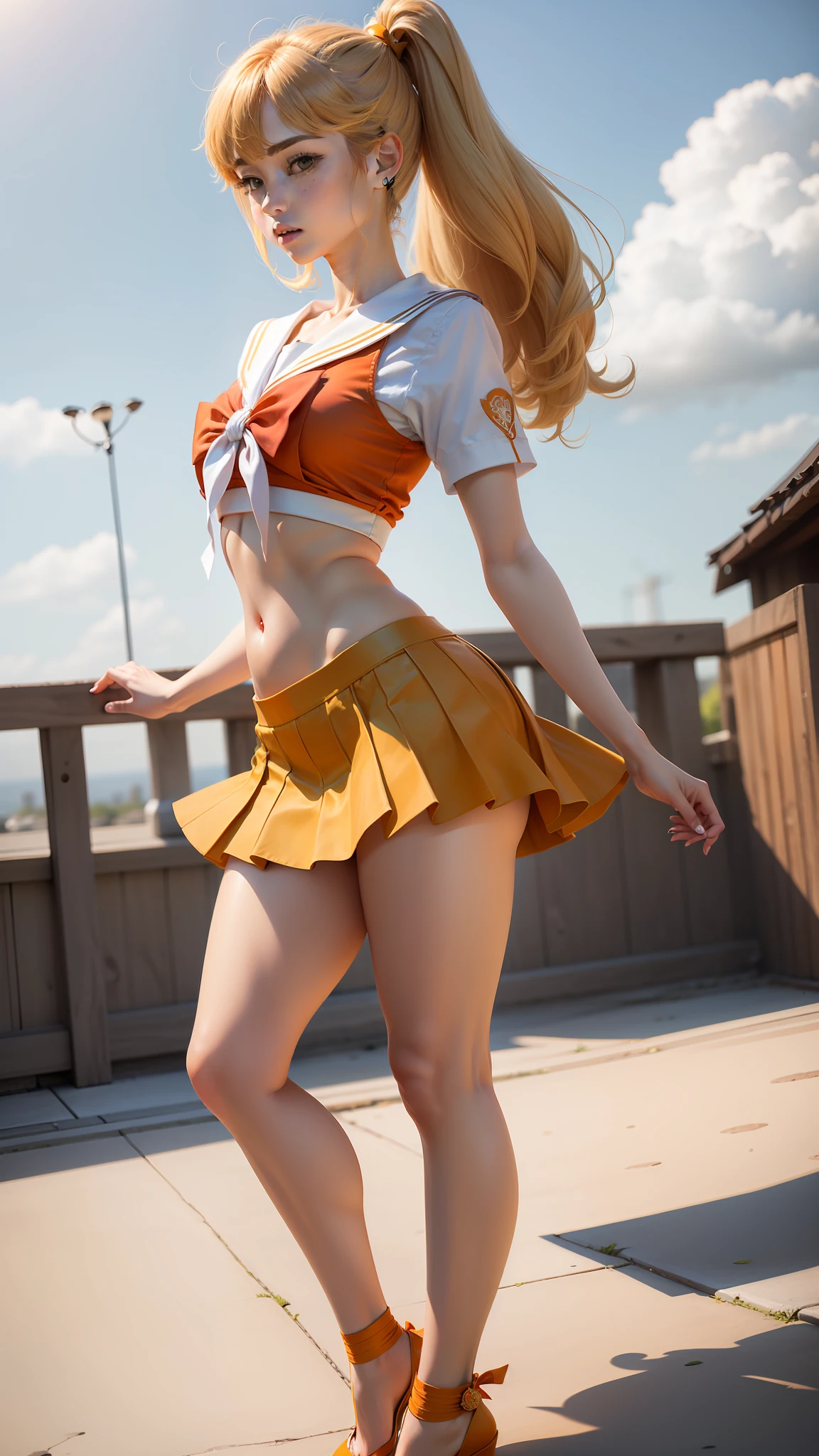 high-level image quality、Beautiful pictures、Beautie、sailorvenus、mini-skirts、poneyTail、japanes、Ultra mini skirt、Navel、Pichi Pichi、?17 age old、Orange High Heels、kick、White shorts、Sailor Senshi、Sunnyday、healthy、Beautiful facial features、Beige stockings