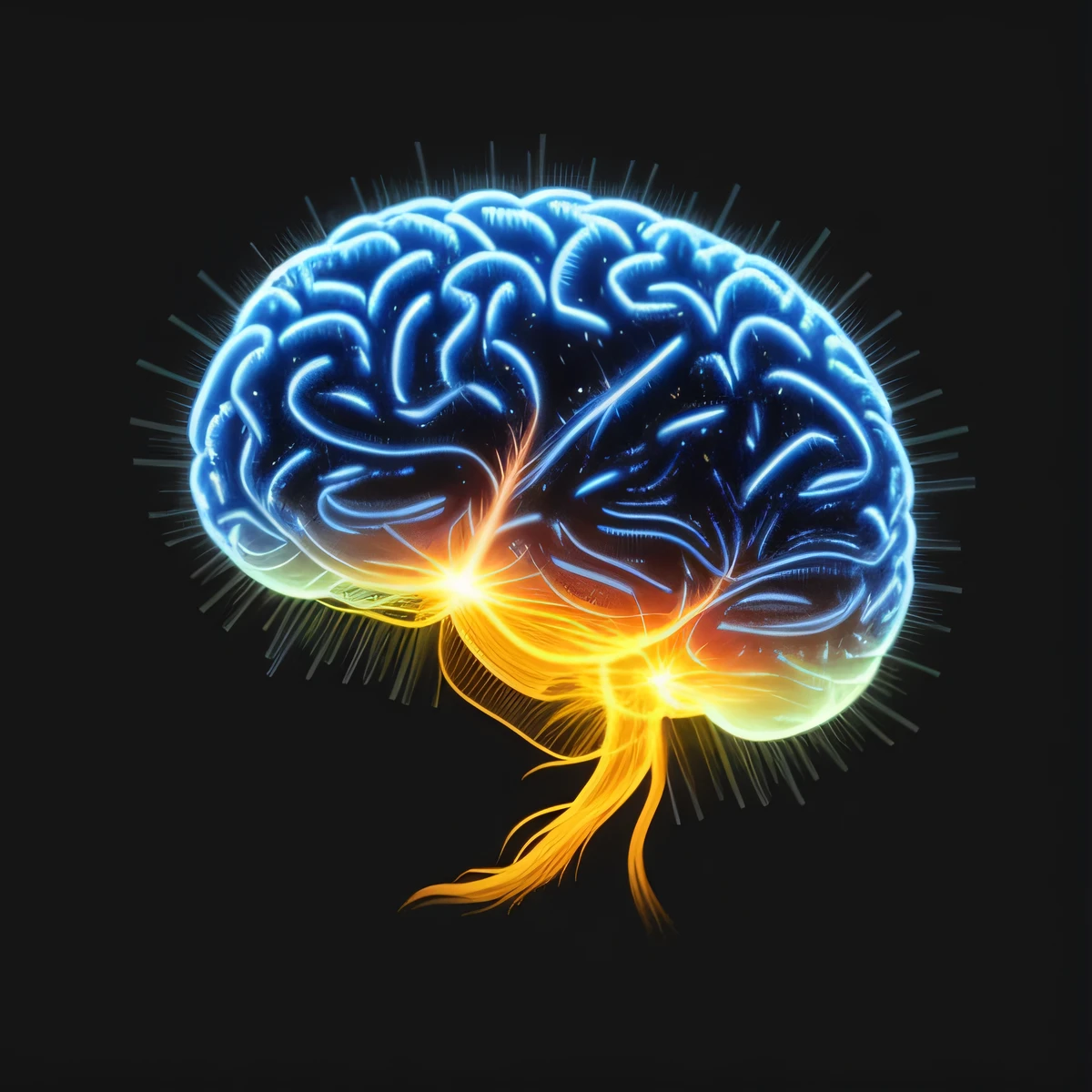 a close up of a brain with a bright blue and yellow light, neuroscience, brain visible, nootropic stimulant, human brain, neural, electronic brain, brains, grey matter and neurons, scientific depiction, brain interface, brain connected to computer, neurological marvel, cerebral corpus callosum, brain, neuro web, circuitry visible in head, by Joe Bowler