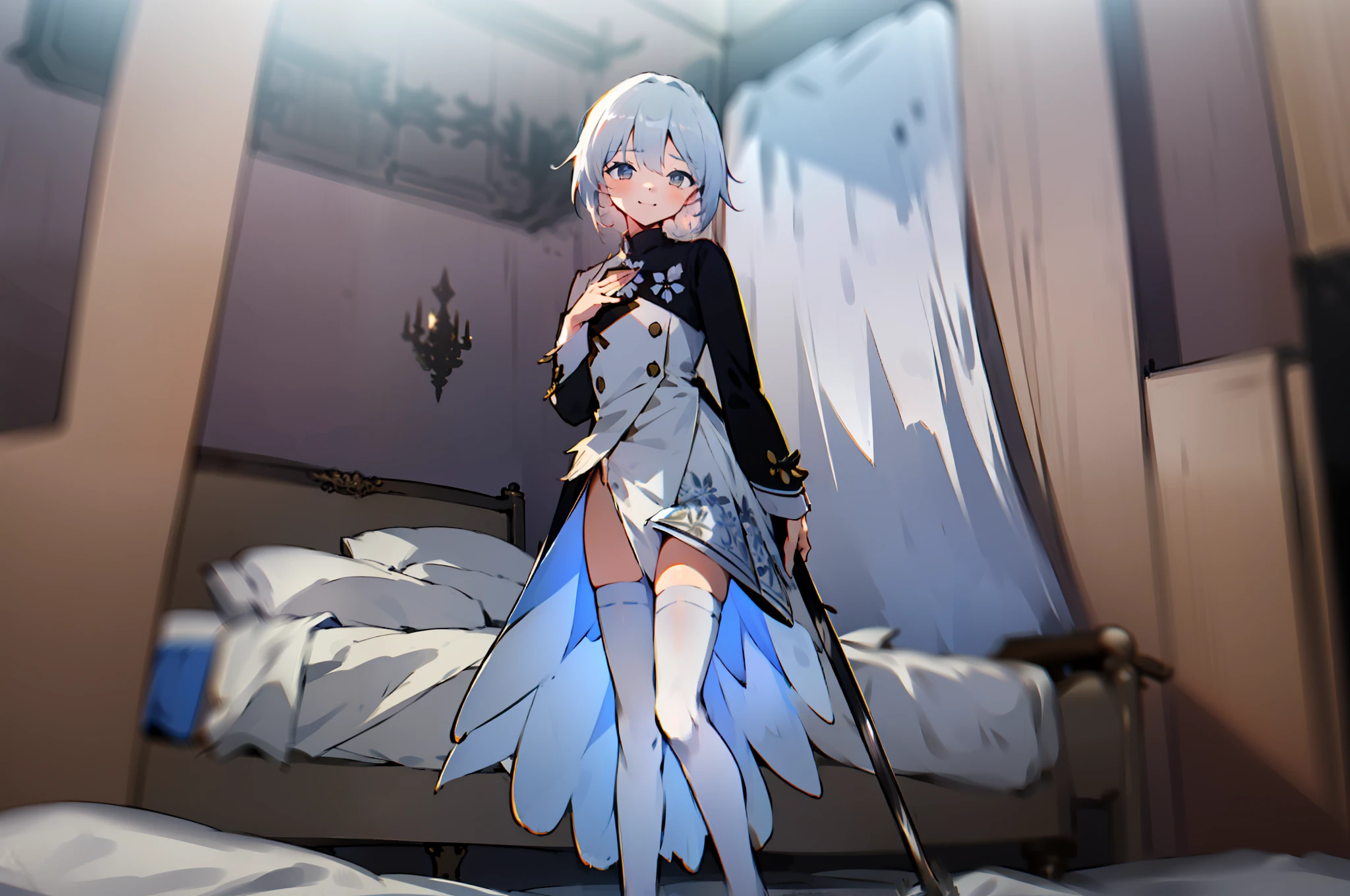 (tmasterpiece,Best picture quality,8K,a beauty girl,A natural smile,short skirt,white stockings,The movements are natural and elegant,Maid uniform,gentleness,lovly,hugetits,Luxuriously decorated and elegantly decorated rooms,Big warm bed,florals,feathered)