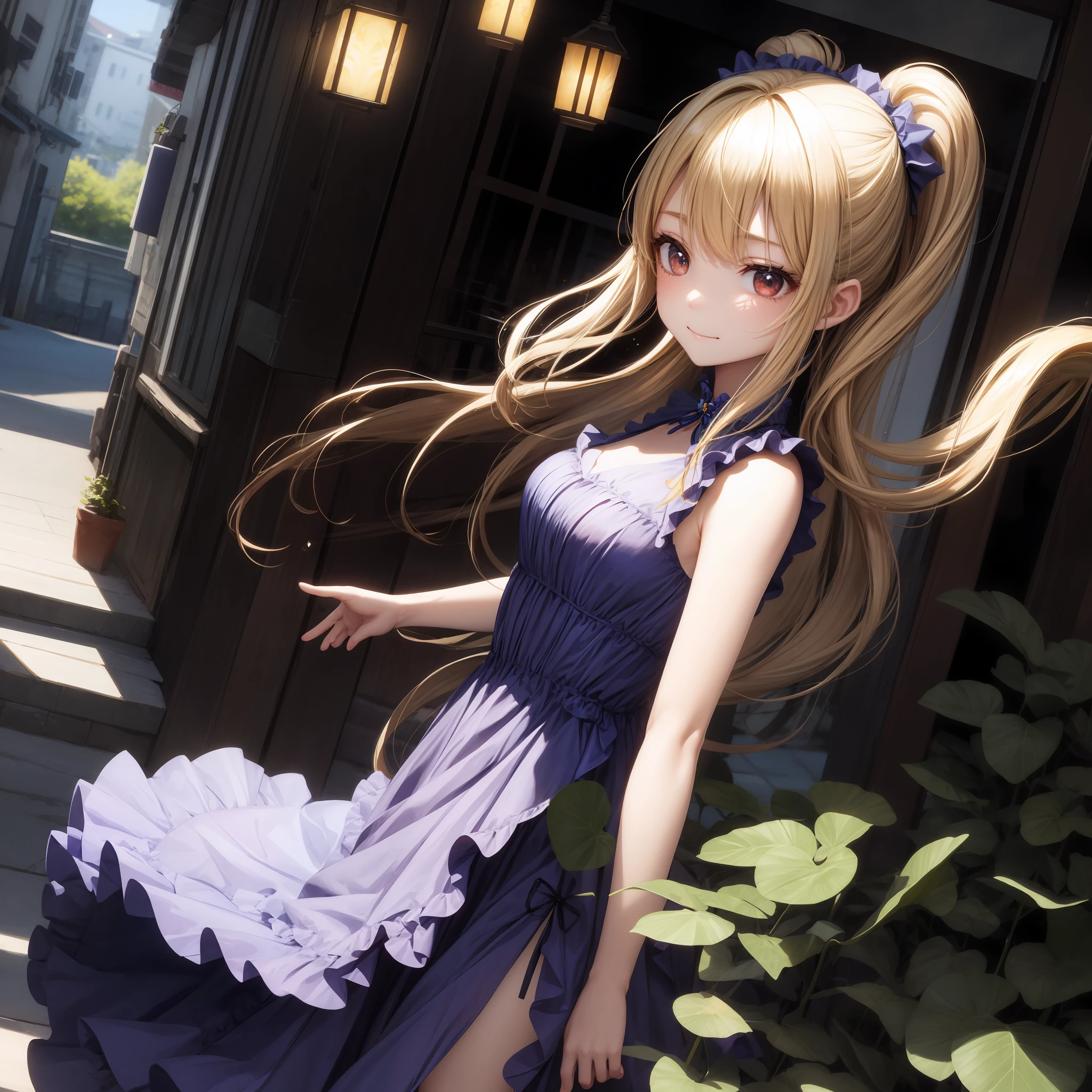 animated cartoon、One beautiful blonde girl、Red-eyed、Dresses with frills、独奏