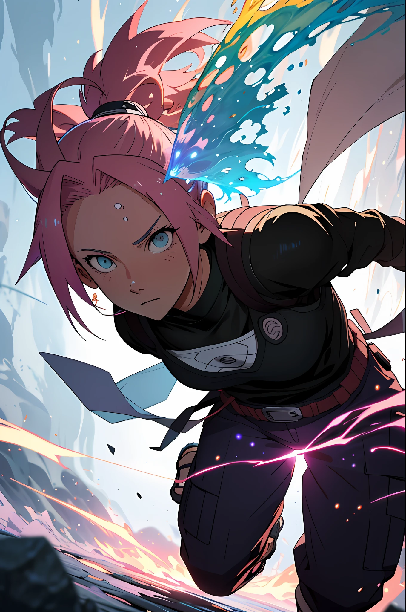 Full body, ultra detailed portrait of the character Sakura Haruno, high quality cell shaded illustration, character from the Naruto Shippuden series produced by Shonen Jump, Masashi Kishimoto's style in Naruto Shippuden, in the smoke of the battlefield, electrical particles, sparks, perfect eyes, whole body, (dynamic and expressive pose), perfect anatomy, centered, freedom, soul, approach to perfection, Cell shading, 4K, cinematic dramatic atmosphere, oil painting, global lighting, detailed and intricate environment, art station, concept art, fluid and sharp focus, volumetric lighting, cinematic lighting