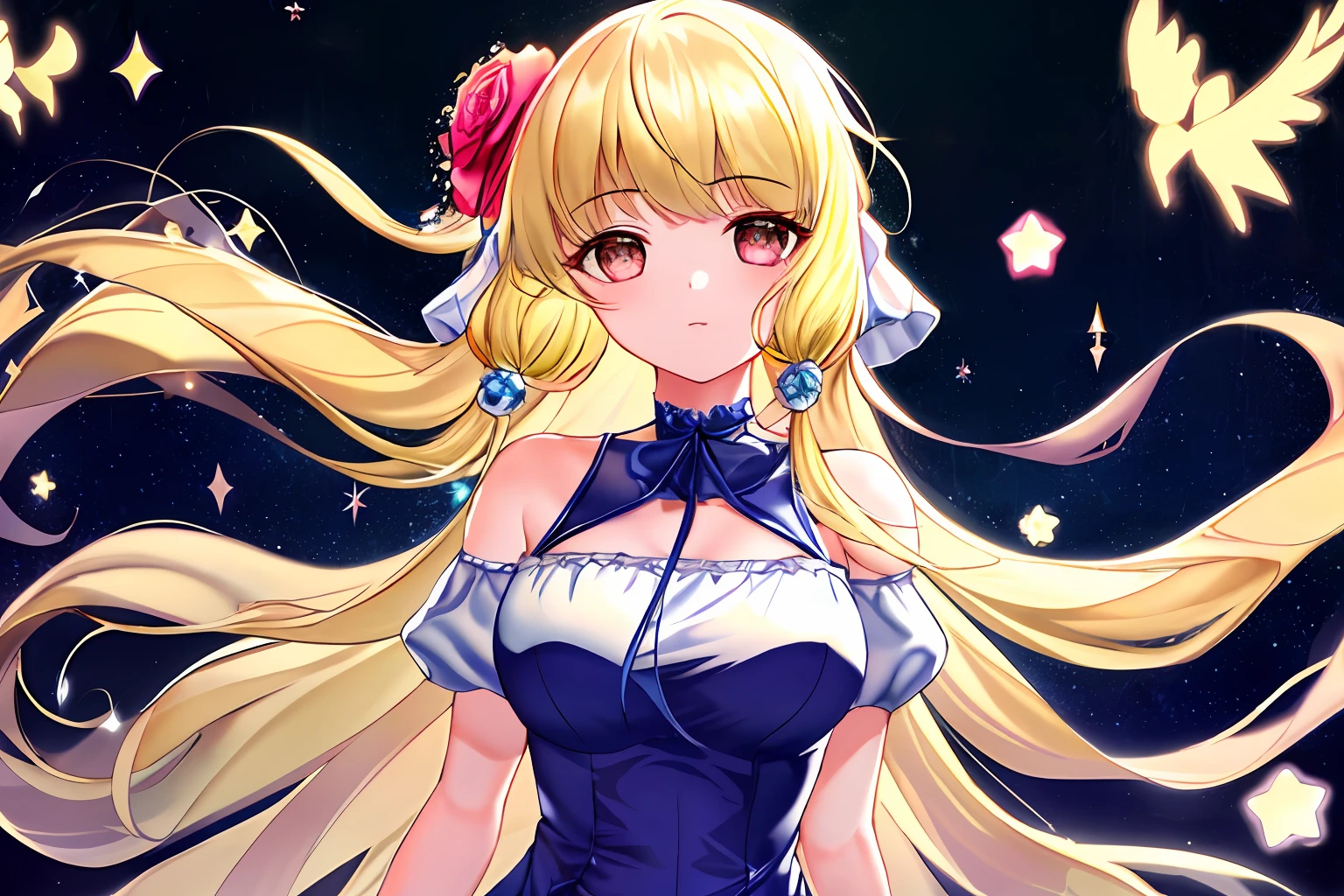 (best quality, masterpiece), 1girl, galaxy, glitter, dress, particle, wind, flower, upper body, dark simple background, looking at viewer, blonde,