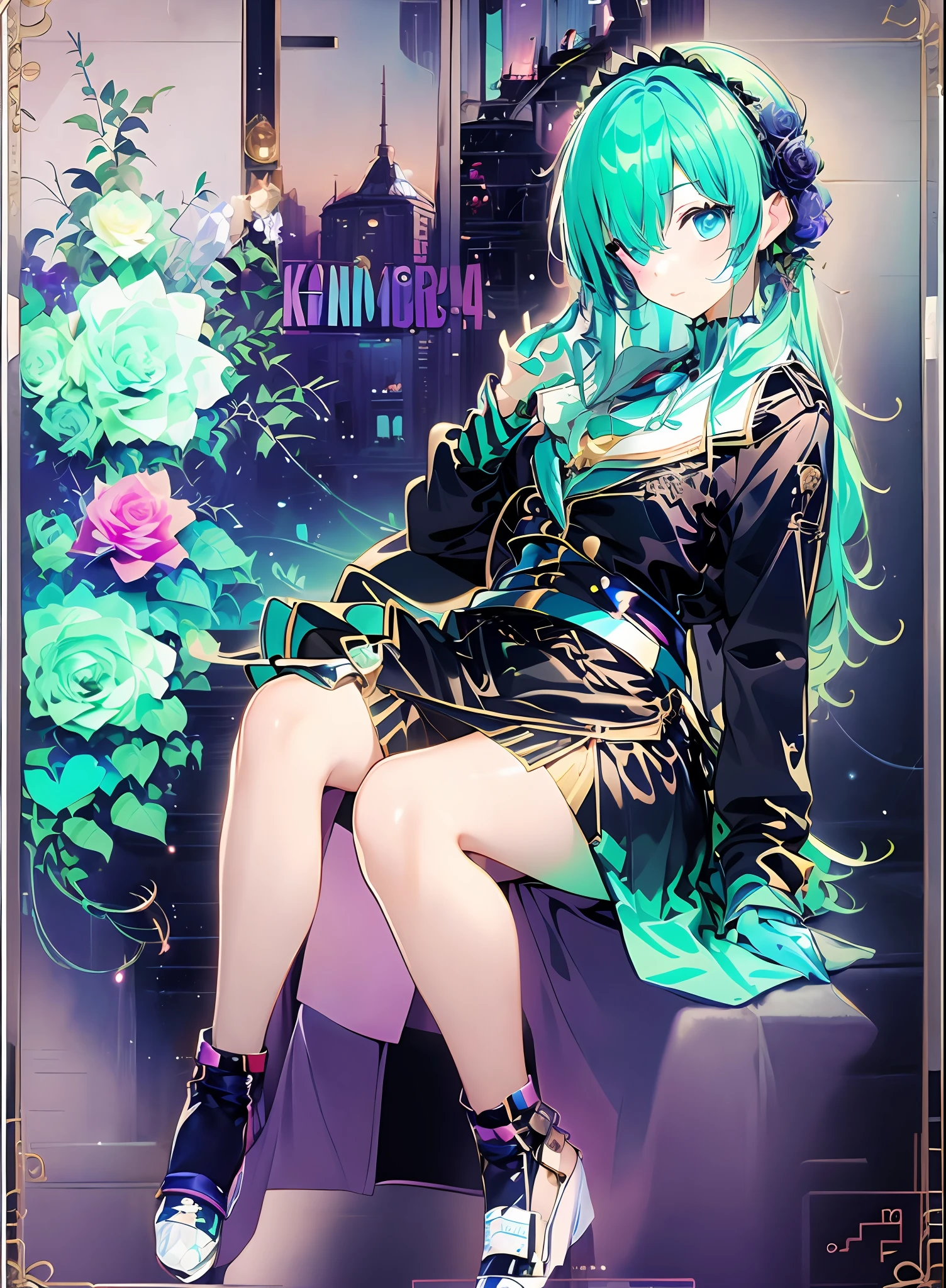 Andromeda_Kongacha, ((Konmutsuki_gacha_series1, punk_rosette))), cute girl, aqua color flowers, (full body), elegant flowers background