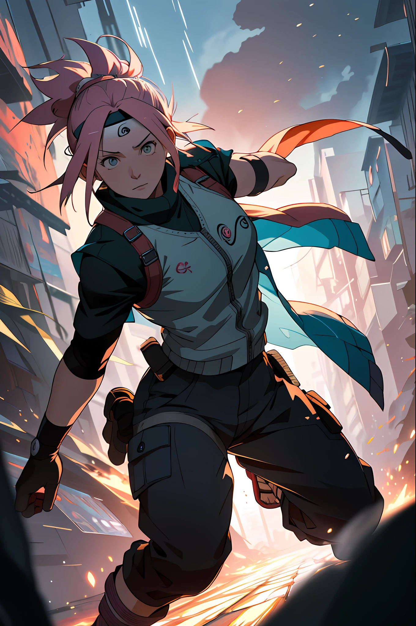 Full body, ultra detailed portrait of the character Sakura Haruno, high quality cell shaded illustration, character from the Naruto Shippuden series produced by Shonen Jump, Masashi Kishimoto's style in Naruto Shippuden, in the smoke of the battlefield, electrical particles, sparks, perfect eyes, whole body, (dynamic and expressive pose), perfect anatomy, centered, freedom, soul, approach to perfection, Cell shading, 4K, cinematic dramatic atmosphere, oil painting, global lighting, detailed and intricate environment, art station, concept art, fluid and sharp focus, volumetric lighting, cinematic lighting