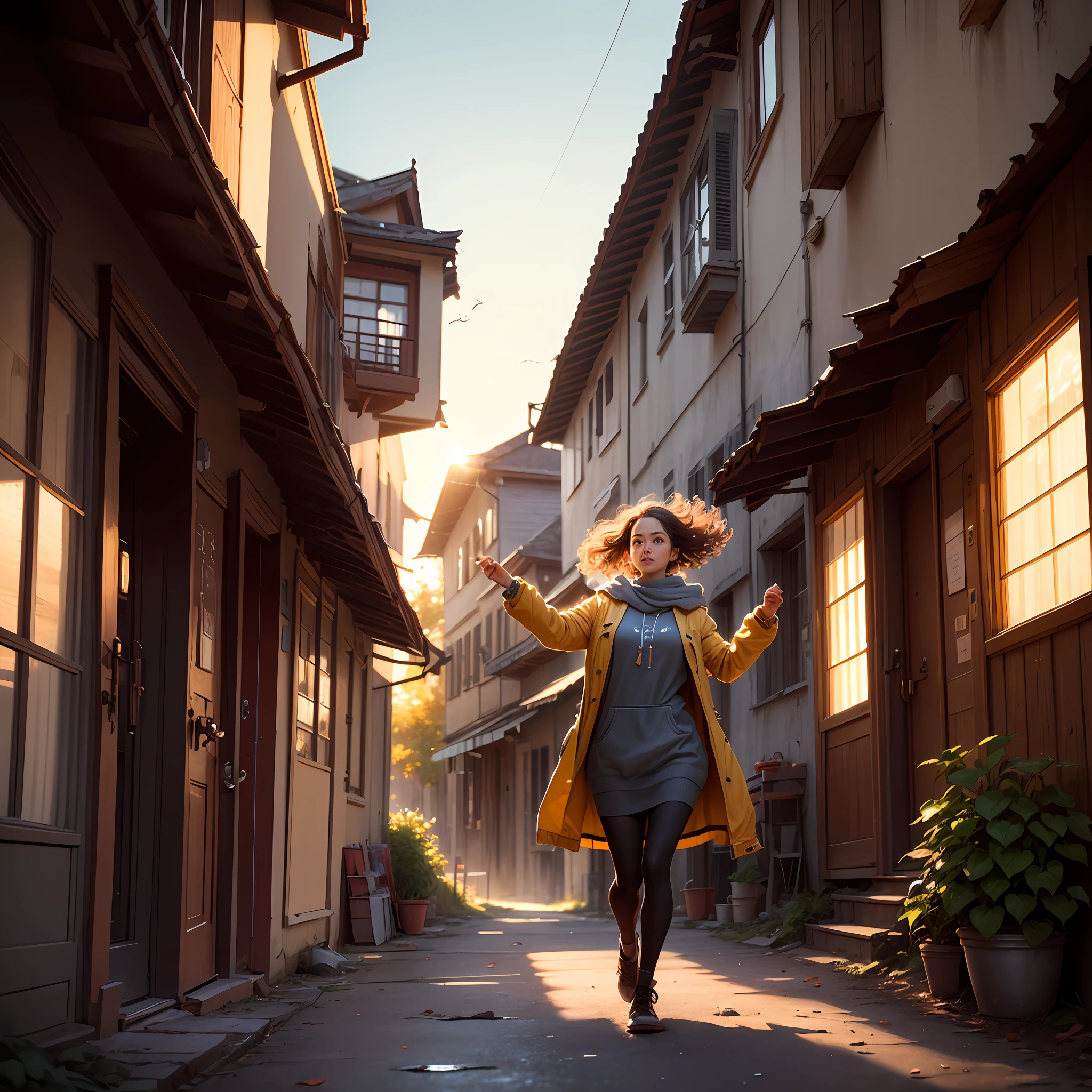Computer Extensive Landscape Photography (general view, on which you can see the sun, The sky in, The wind blows the leaves and the alley, slums, The wind whirls the leaves), Girl in a raincoat jumps up , dynamicpose, catches leaves, running down the alley and looking up  + 1 woman of mean age, Dynamic motion, dinamic angle, The Cloud and the Mountain, (flower field: 1.4) In the foreground, gray cloak, Light tracing, (Floating colorful wind: 1) (photo-realistic: 1.4), offcial art, Unity 8k壁纸, Ultra-detailed, Beautiful and aesthetically pleasing, ​masterpiece, beste-Qualit, luminous skin, 电影灯光, slight smile (daytime, The sky: 1,2), ( Lots of circling leaves: 0,9), (The sun is shining: 1,3), A Distant Mountain , дерево BREAK production art, (Warm light source:1.2), (Firefly:1.2), lamp, a lot of yellow, Orange, Green, intricate details, volumetric lighting BREAK (​masterpiece:1.2), (beste-Qualit), 4k, overdetalization , (Dynamic composition: 1.4), Highly detailed, colorful details, --auto