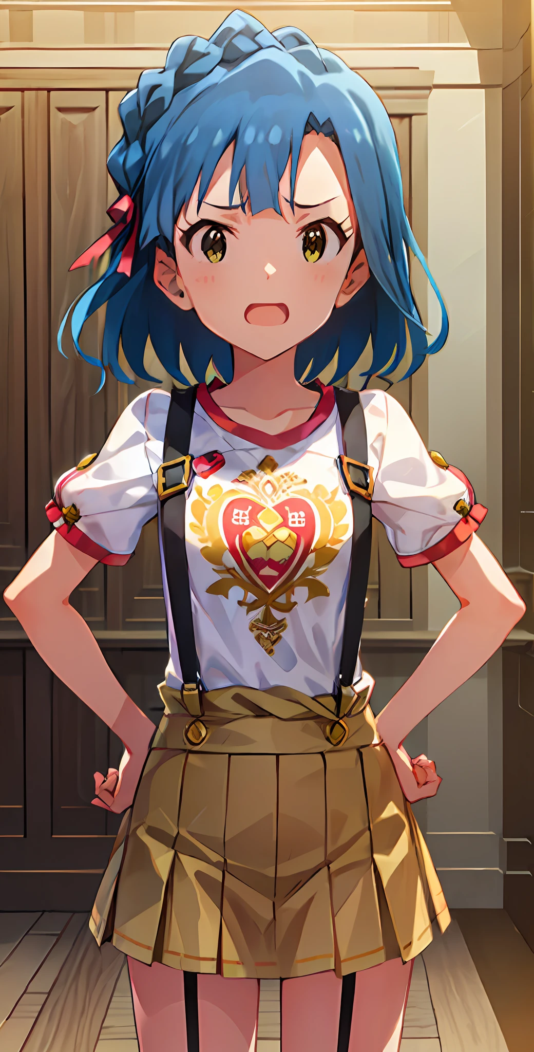 yuriko nanao (million live). Short stature. white t-shirts. suspenders.Skirt.(((masutepiece))).(((Best quality))).)((Ultra-detailed))).(((Illustration))). (((Put your hands on your hips))).(((a room))).make a fist.up chest.Despair face.short-hair.