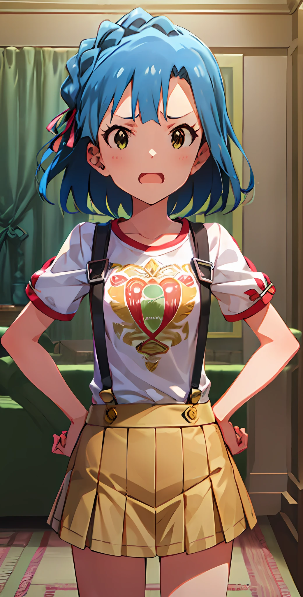 yuriko nanao (million live). Short stature. white t-shirts. suspenders.Skirt.(((masutepiece))).(((Best quality))).)((Ultra-detailed))).(((Illustration))). (((Put your hands on your hips))).(((a room))).make a fist.up chest.Despair face.short-hair.