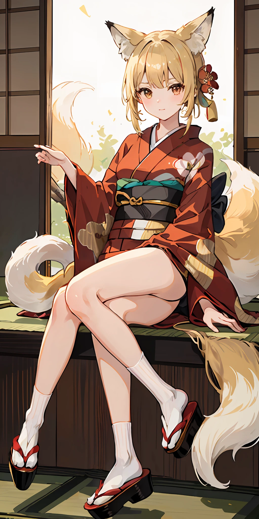 ((Traditional kimono+Red and white:1.2),clogs,Super short white socks,(golden hair+fox ear),(littlegirl+chiquita+Shameful redness),fox tails)