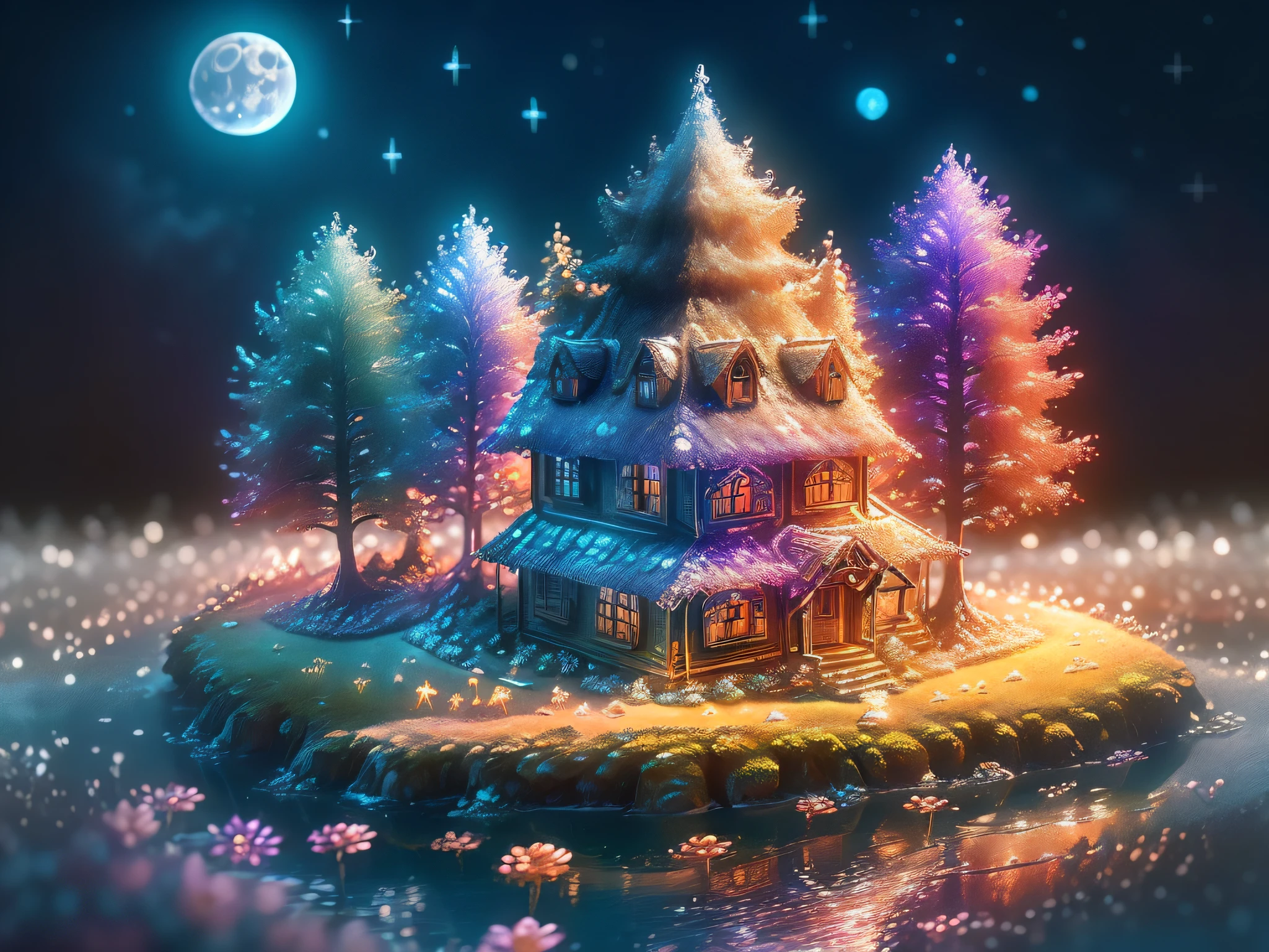 Sub-effects, High-quality aesthetic picture texture)The fairytale cottage is shining，Detailed description，Tree forest，Golden river water，High hills，Silver waterfalls，Particle，Colorful night sky(Violet fluorescence, The moon and the stars shine)。