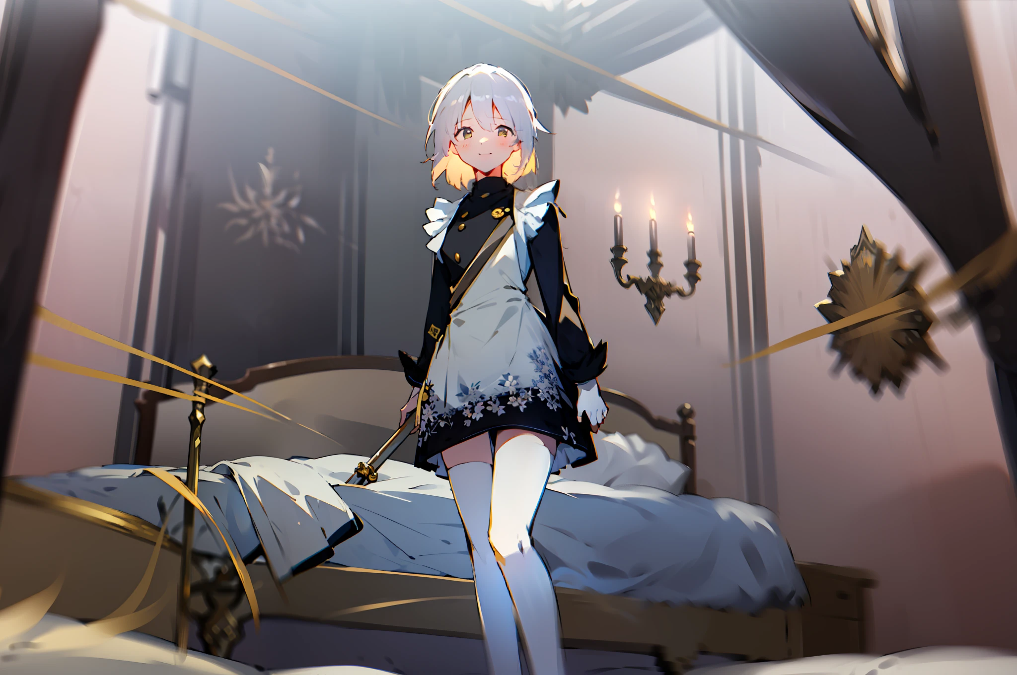 (tmasterpiece,Best picture quality,8K,a beauty girl,A natural smile,short skirt,white stockings,The movements are natural and elegant,Maid uniform,gentleness,lovly,hugetits,Luxuriously decorated and elegantly decorated rooms,Big warm bed,florals,feathered)