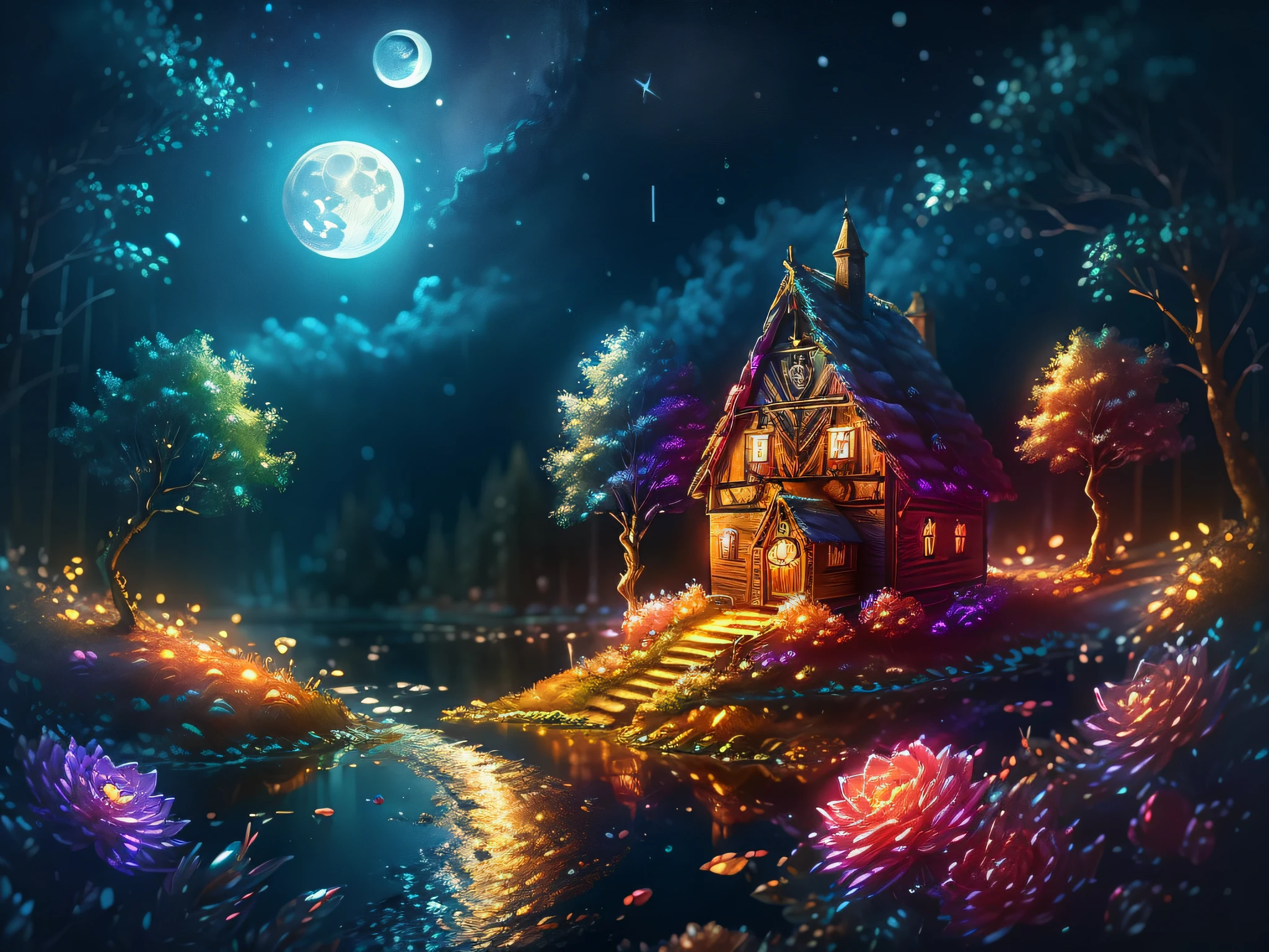 Sub-effects, High-quality aesthetic picture texture)The fairytale cottage is shining,Detailed description,Tree forest,Golden river water,High hills,Silver waterfalls,Particle,Colorful night sky(Violet fluorescence, The moon and the stars shine)。