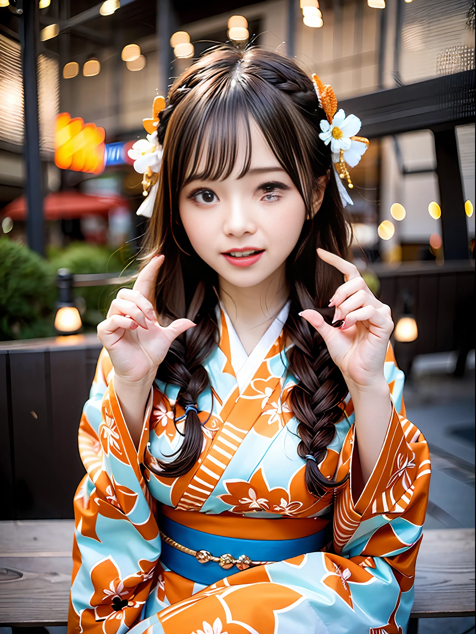 (masterpiece、beste-Qualit)、1girl in、独奏、From Underneath、sit on a bench、raise two hands、:D、open open mouth、Upper teeth、(look up to)、Head back、
gigantic-breast、shortstack、length hair。Colored tip、Orange Eyes、Pupil of the slit、Brown hair。
print kimono、with floral pattern、Braids。
festival、starlight sky、skyrocket、Festival Night。
(colourfull:0.7), (perfect detail), Super Detail, (Volumetric lighting), (Detail Face), perfect-composition, hard disk,