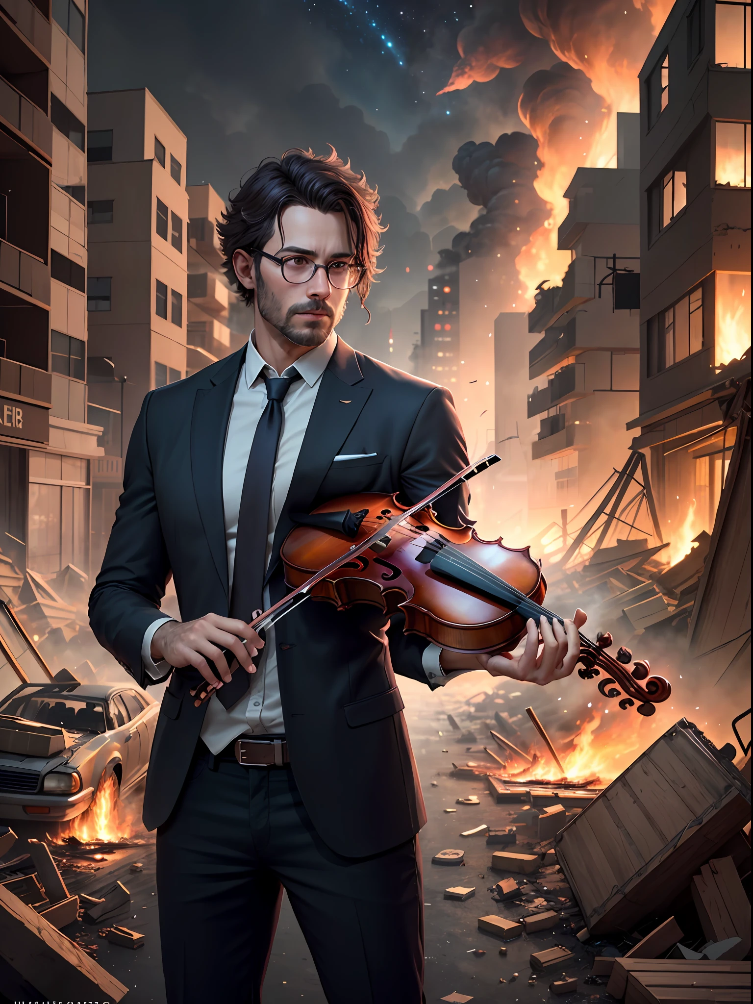 imagine an image of man standing,  (playing violin) calmly, in the street of ruined city, wearing smart suit, huge fires and dense smoke, supernova at sky, night time, scene is full of some destroyed cars, scattered glasses and broken pieces, perplexed and scary environment, violet colour overwhelmed, at the movement of surprise and breathtaking, hyper realistic, detailed hands and violin, ultra detailed, unreal engine, octane render, UHD, 8k resolution, masterpiece, front view, detailed face and fingers, man playing violin in ruined city, playing violin