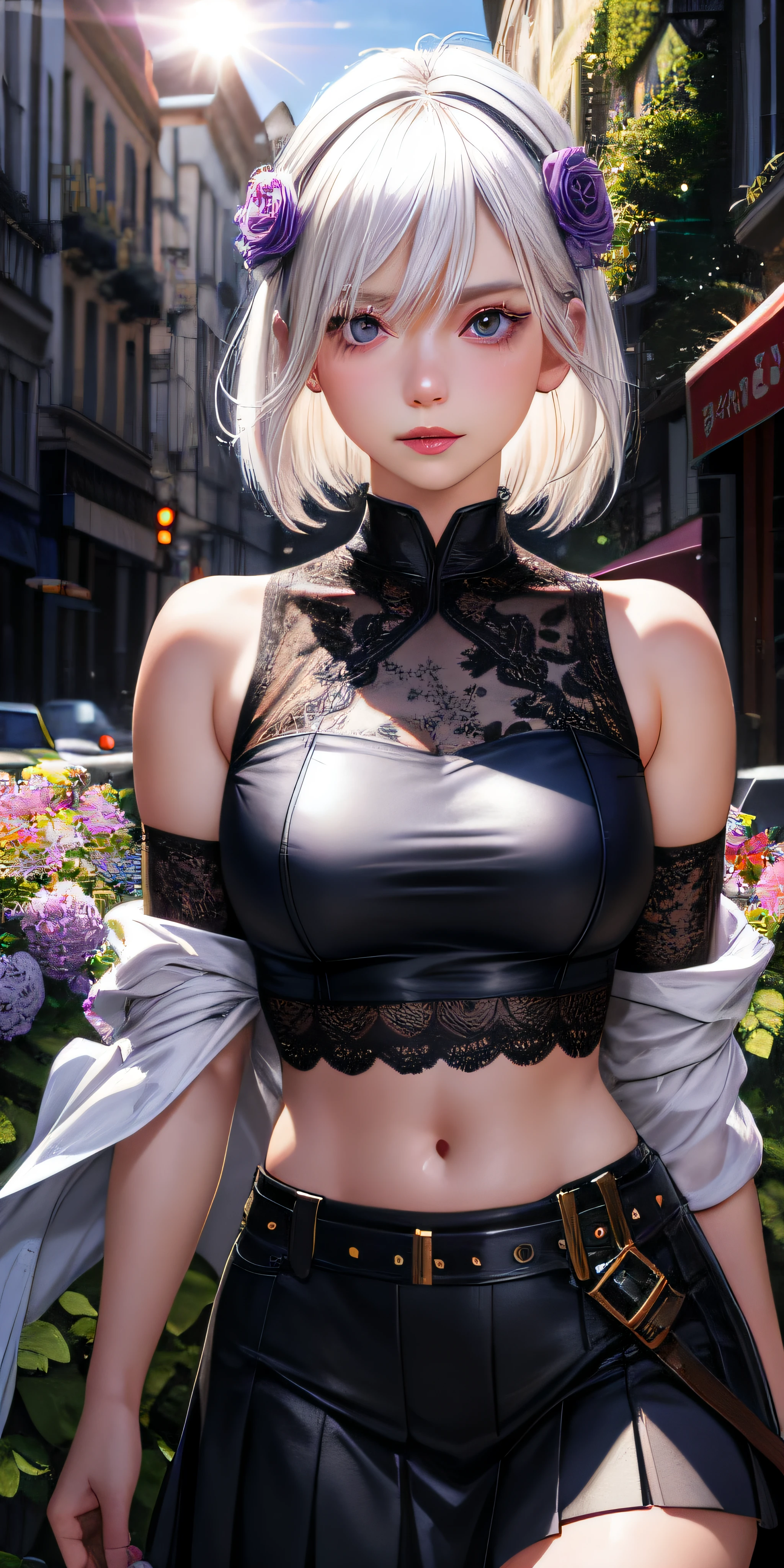 realistic, 1girl, white hair, purple eyes, glowing eyes, crop top, skirt, parted lips, blush, night, flowers, sun, sunlight,