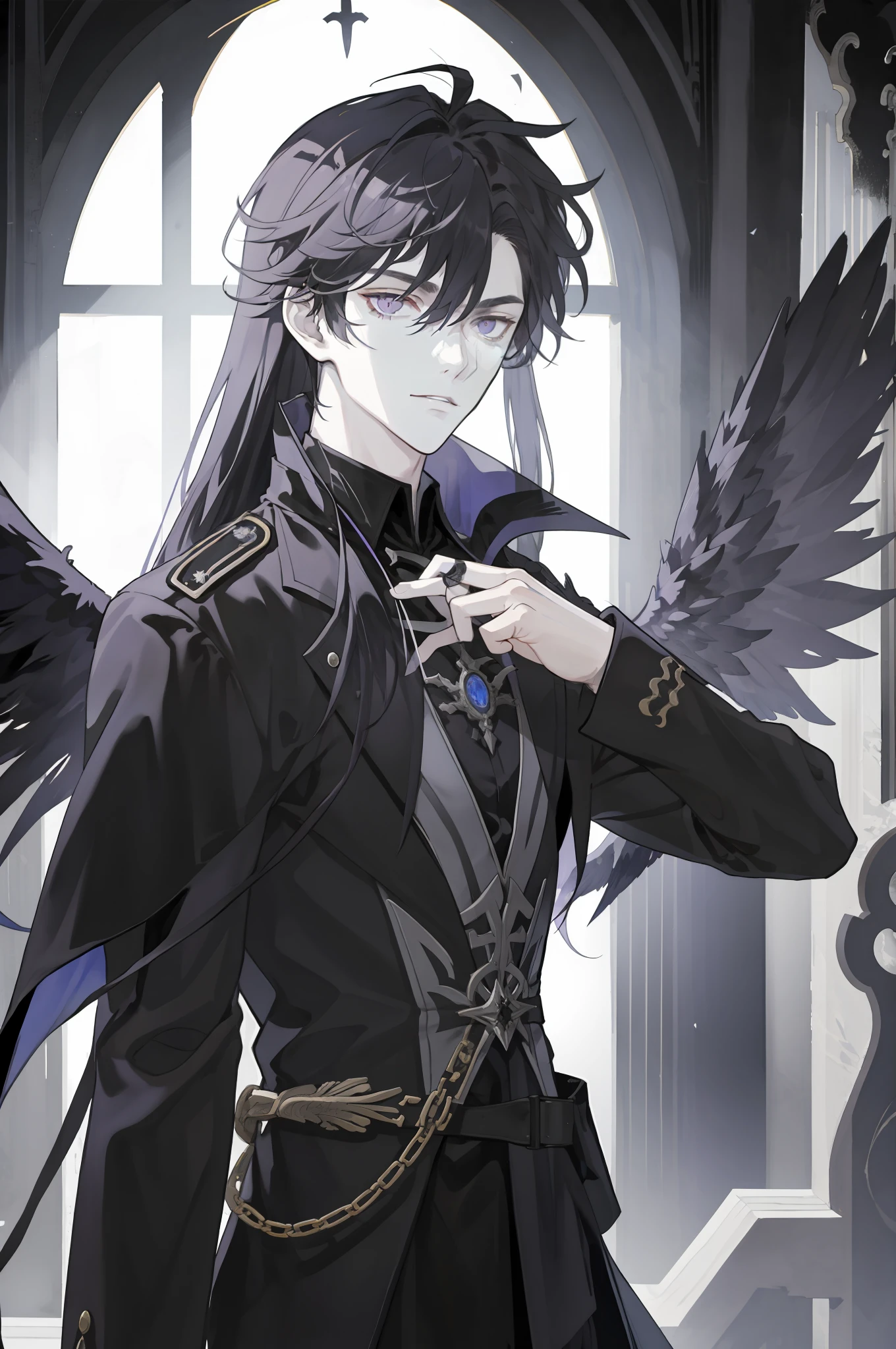 tmasterpiece,best quailty,1 male,AS-Adult,the fallen angel,Fallen angels,(gray colors)Long hair,Purple eye,Noble temperament,Behind him is a pair of black angel wings,Dressed in Western clothing,General,Artistically,In the dark,Handsome facial features,frontage,Straight body,orthofacial