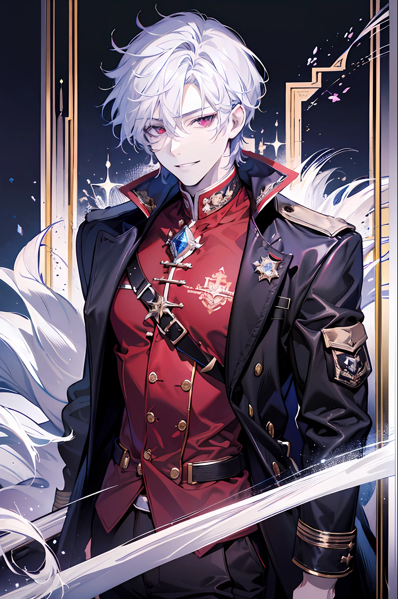 (absurdres, highres, ultra detailed), 1 male, adult, handsome, tall muscular guy, broad shoulders, finely detailed eyes, purple and red eyes,white hair,staring towards the viewer, cowboy shot,grin,body facing away from viewer, perfect hands,jet black trenchcoat,reaper
