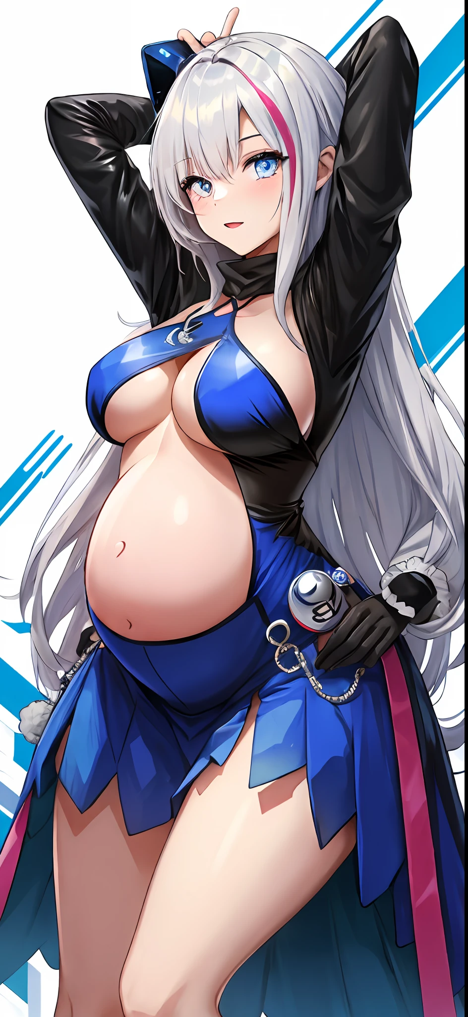 tmasterpiece, very best quality, PrinzV4, 1girl huge large breasts, 独奏, length hair, breastsout, looking looking at viewer, large tities,Large breasts, mitts, Belly button, Hold, White liquid, Yellow eyes, White hair, red hair, O cabelo multicolorido, Open your clothes, Black gloves, Open bra, Official alternative costumes, Striped hair, latte, hand on hips, underboobs, head gear, Banner, White panties, Queen of the game, Hold the flag,pregnant women with,shot on the body,cum on the stomach,The white liquid is drizzled all over the body