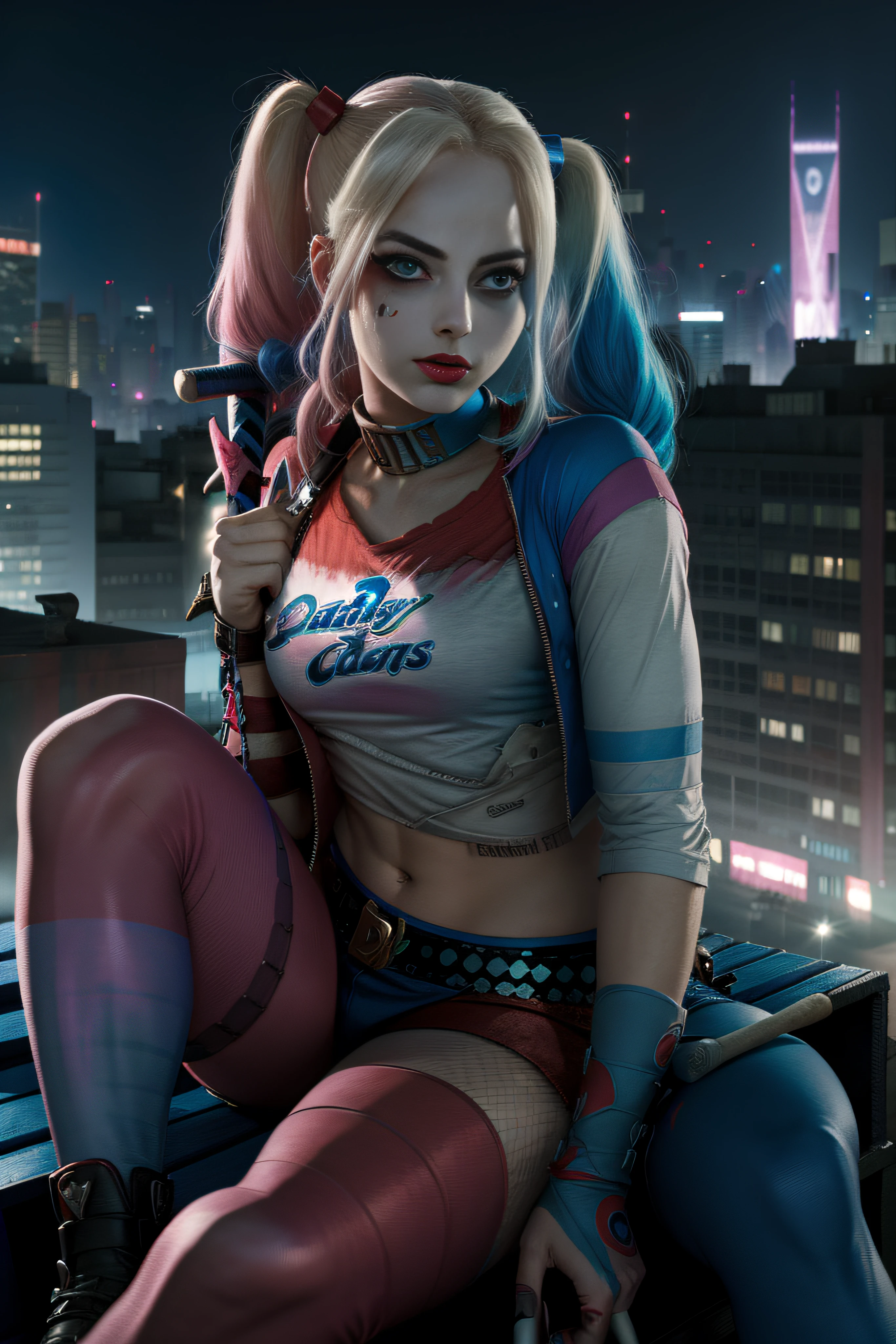 Close up of Harley Quinn in the street, dynamic pose, sexy, flirty, 32k resolution, photo realistic, hyper realistic, hyper detailed, best quality, natural looking, triadic colors, complementary colors, volumetric lighting, epic, cinematic, dramatic, stunning