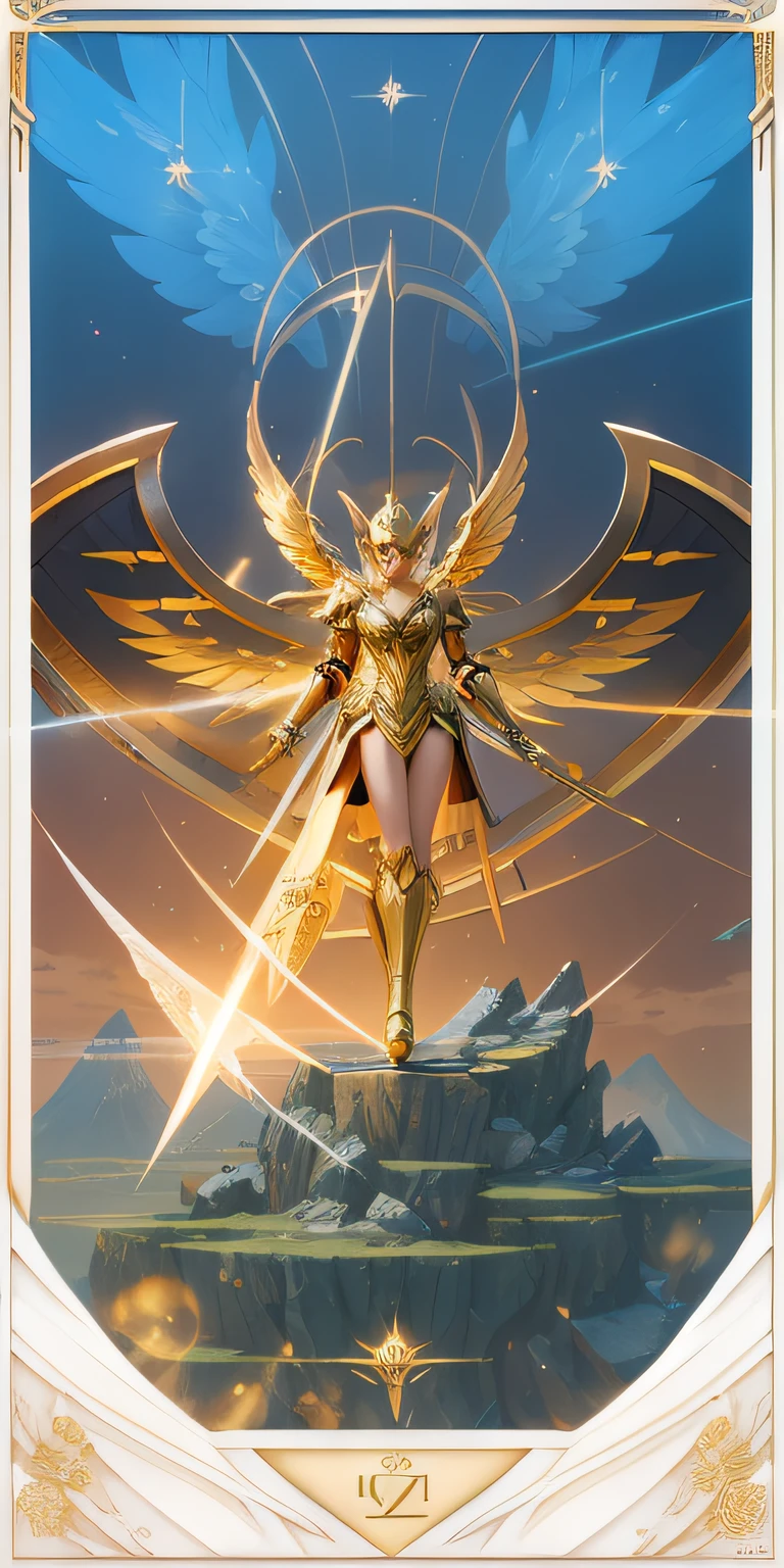arafed image of a woman with wings flying over a mountain, angelic golden armor, goddess of light, gold paladin, unreal engine render saint seiya, knights of zodiac girl, warrior of light, angel knight girl, mystical valkyrie, armor angle with wing, portrait of queen of light, golden goddess athena, devianart and cgsociety