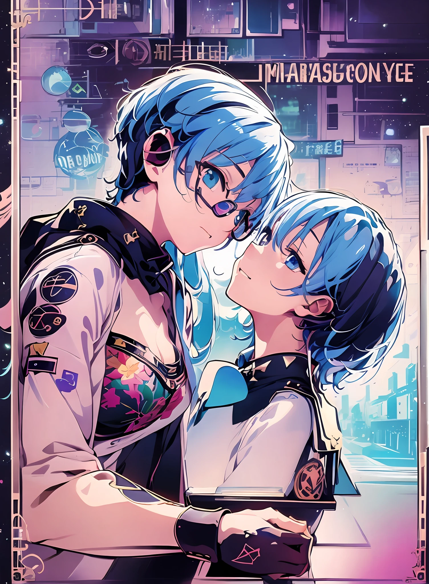 (extremely detailed CG unity 8k wallpaper,masterpiece, best quality, ultra-detailed),dos jóvenes lover:juntos, Alessio Albi y Shin Jeongho, piscina, fondo oscuro, lámpara de luz negra, blue hair, sexy, bold pose,cel shading, blue hair, black hair, two boys, two mans, boy love, boyslove, yaoi, look at eachother, in love, cute couple, sesión de fotos, Yaoi,   Alessio Albi y Shin Jeongho, besándose, enfrentándose, Cai Xukun, están enamorados, Taejune Kim, chico blue hair y chico pelinegro, (((masterpiece))), artstation style, anime, boyslove, two boys, two mans, boys love, homosexual, 4k,8k,16k,uhd, shorts hair, city landscape, city lights in the background