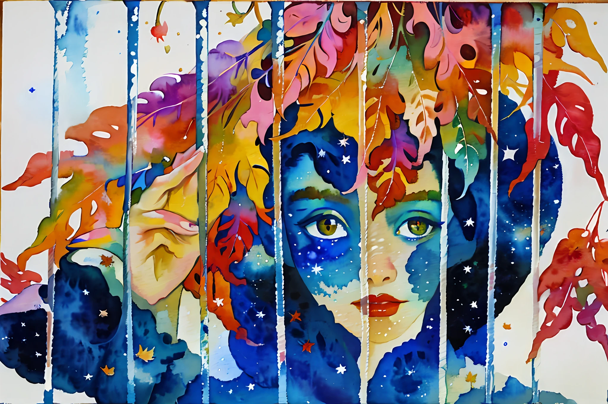 painting of a beautiful woman with a autumn leaves like hair behind bars, her body painted like galaxy with shooting stars and planets, hands grabbing bars, one eye is a crescent moon, another eye not visible, colorful drawing, fantasy water color, inspired by Grytė Pintukaitė, aquarelle painting, by Shekhar Gurera, water color on paper, inspired by Diane Dillon, water color painting, inspired by Dorothea Tanning, inspired by Jan Stanisławski, a watercolor painting. anatomically correct, correct hands, pout, high quality, accurate