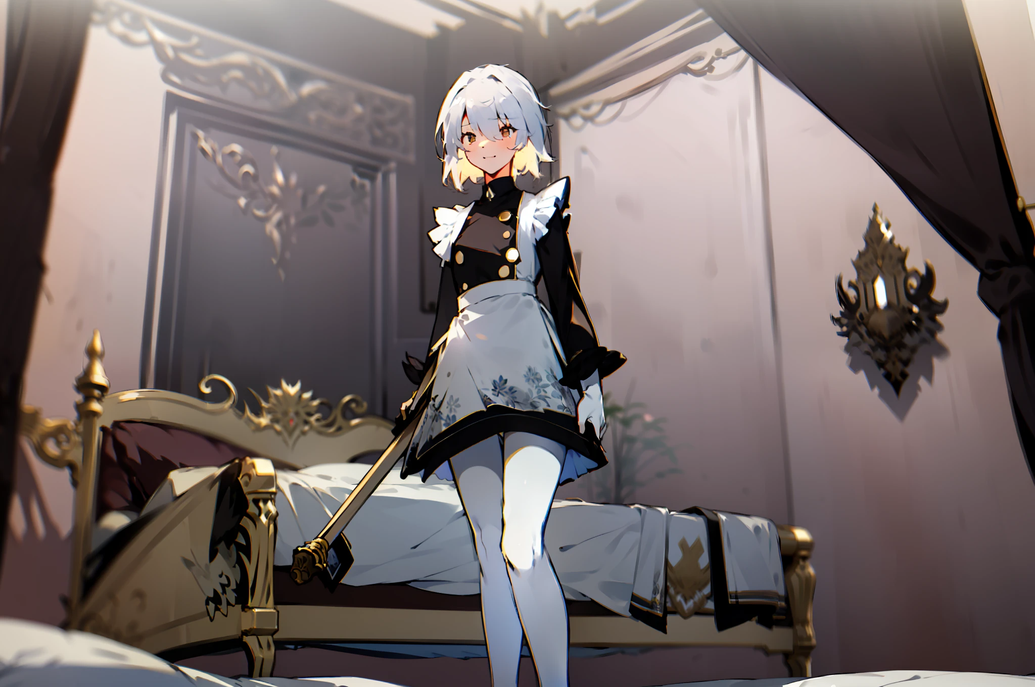 (tmasterpiece,Best picture quality,8K,a beauty girl,A natural smile,short skirt,white stockings,The movements are natural and elegant,Maid uniform,gentleness,lovly,hugetits,Luxuriously decorated and elegantly decorated rooms,Big warm bed,florals,feathered)